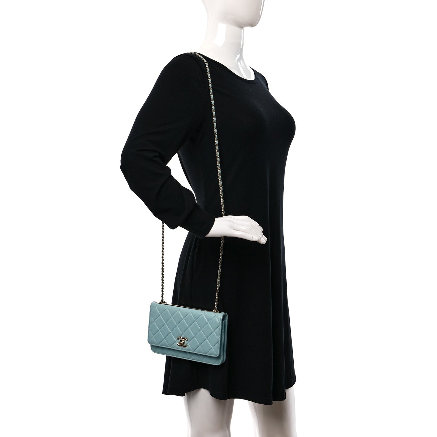 Lambskin Quilted Trendy CC Wallet On Chain WOC Light Blue