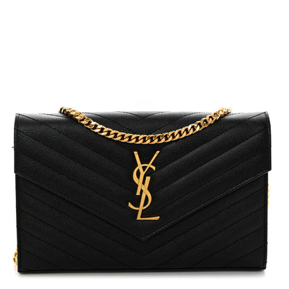 Saint Laurent Grain De Poudre Matelasse Chevron Monogram Chain Wallet Black 1 of 11