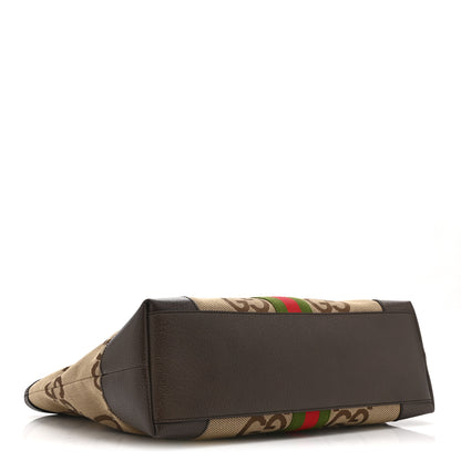 Gucci Monogram Jumbo GG Textured Dollar Calfskin Web Medium Ophidia Shopping Tote Camel Ebony 4 of 11