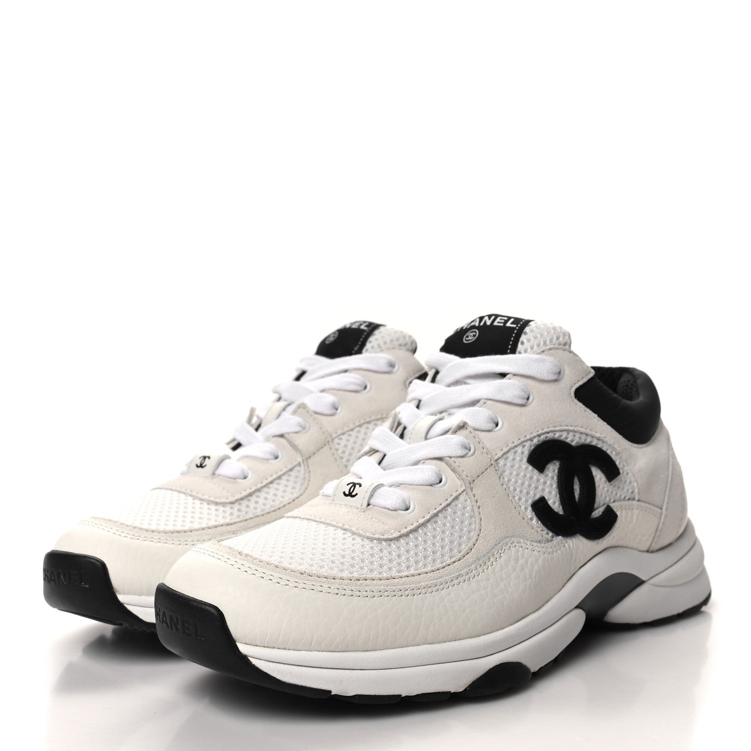 Chanel Mesh Suede Calfskin Grained Calfskin Womens CC Sneakers 38.5 White Black 3 of 7