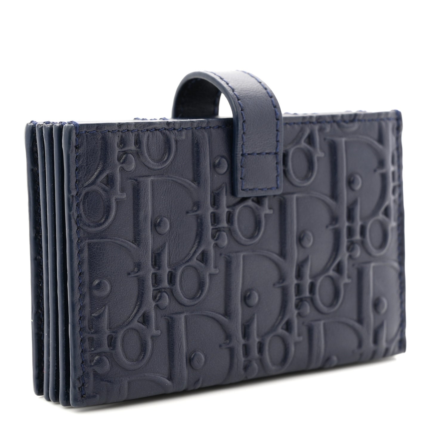 Calfskin Embossed Oblique Lady Dior Gusseted Card Holder Navy Blue
