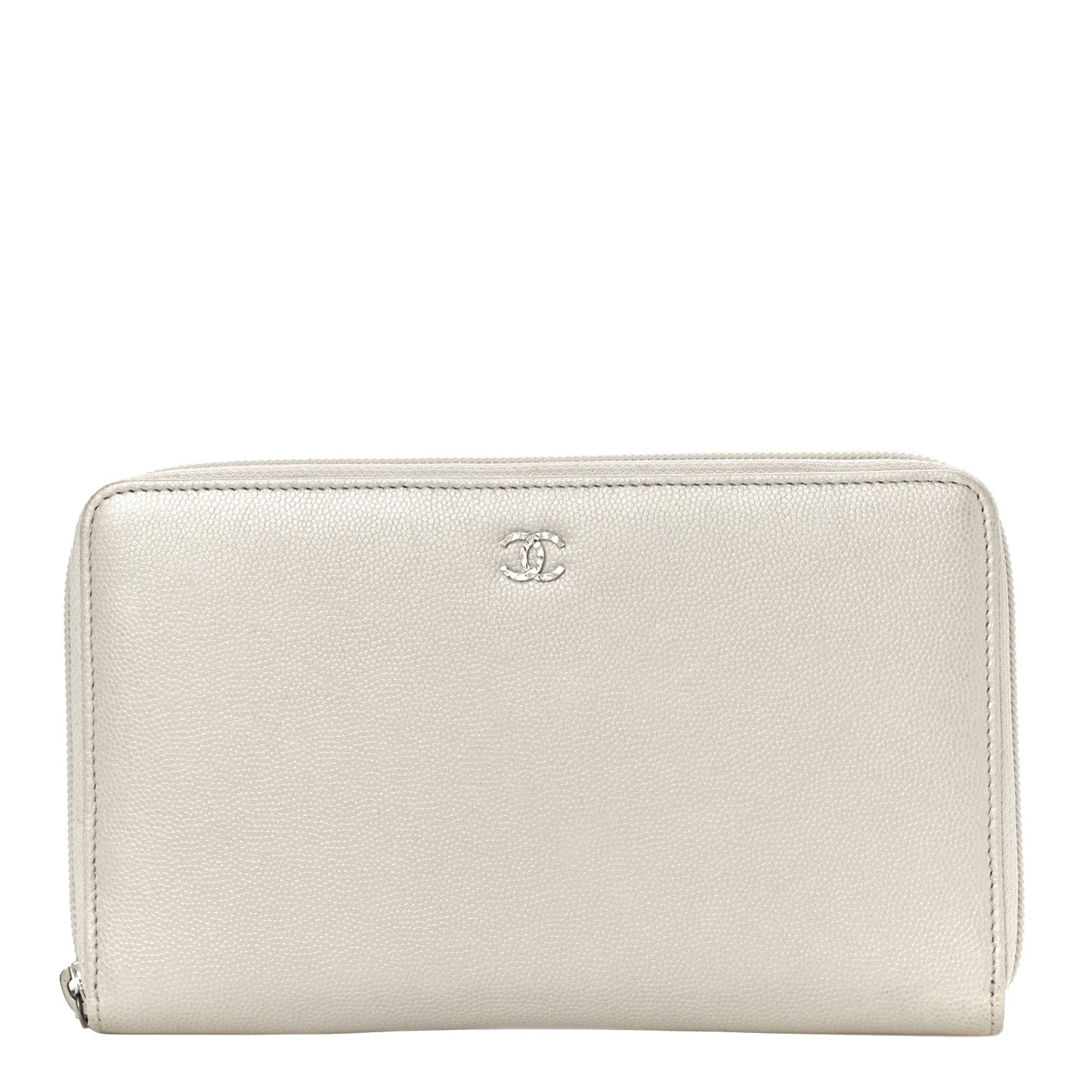 Metallic Caviar Large Sevruga Zip Around Organizer Wallet Silver