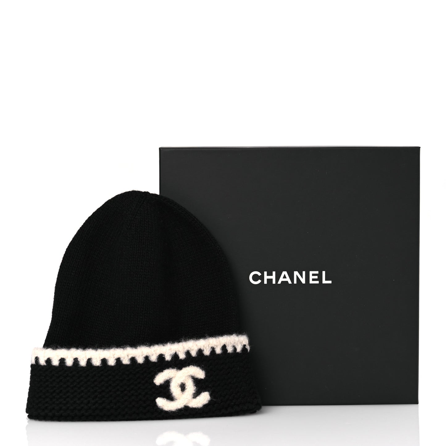 Cashmere Wool CC Beanie Hat Black Light Beige
