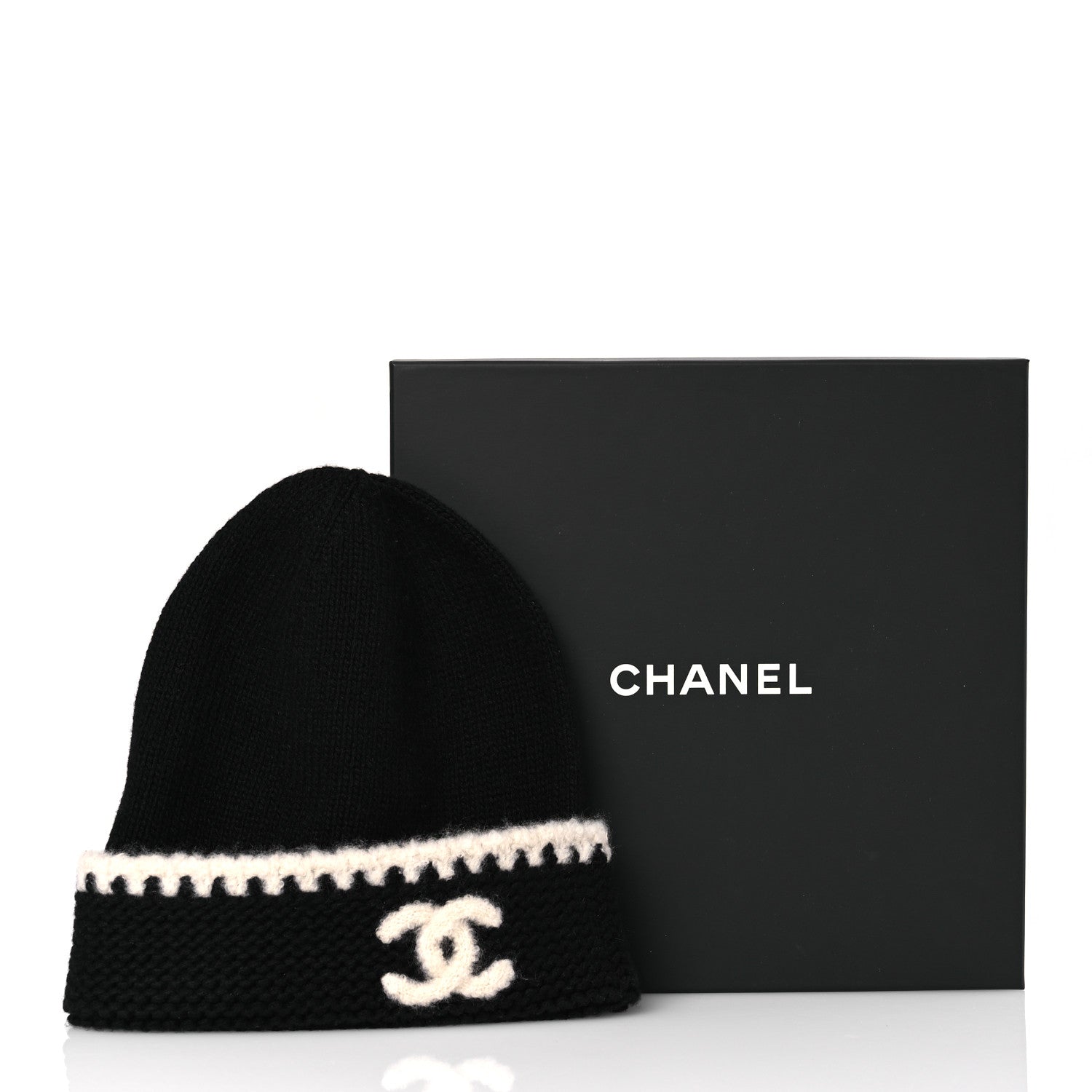 Chanel Cashmere Wool CC Beanie Hat Black Light Beige 7 of 7