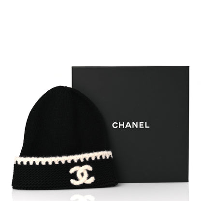 Chanel Cashmere Wool CC Beanie Hat Black Light Beige 7 of 7