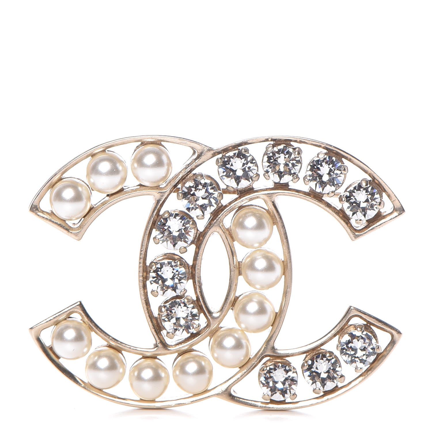 Chanel Pearl Crystal CC Brooch Gold 1 of 6
