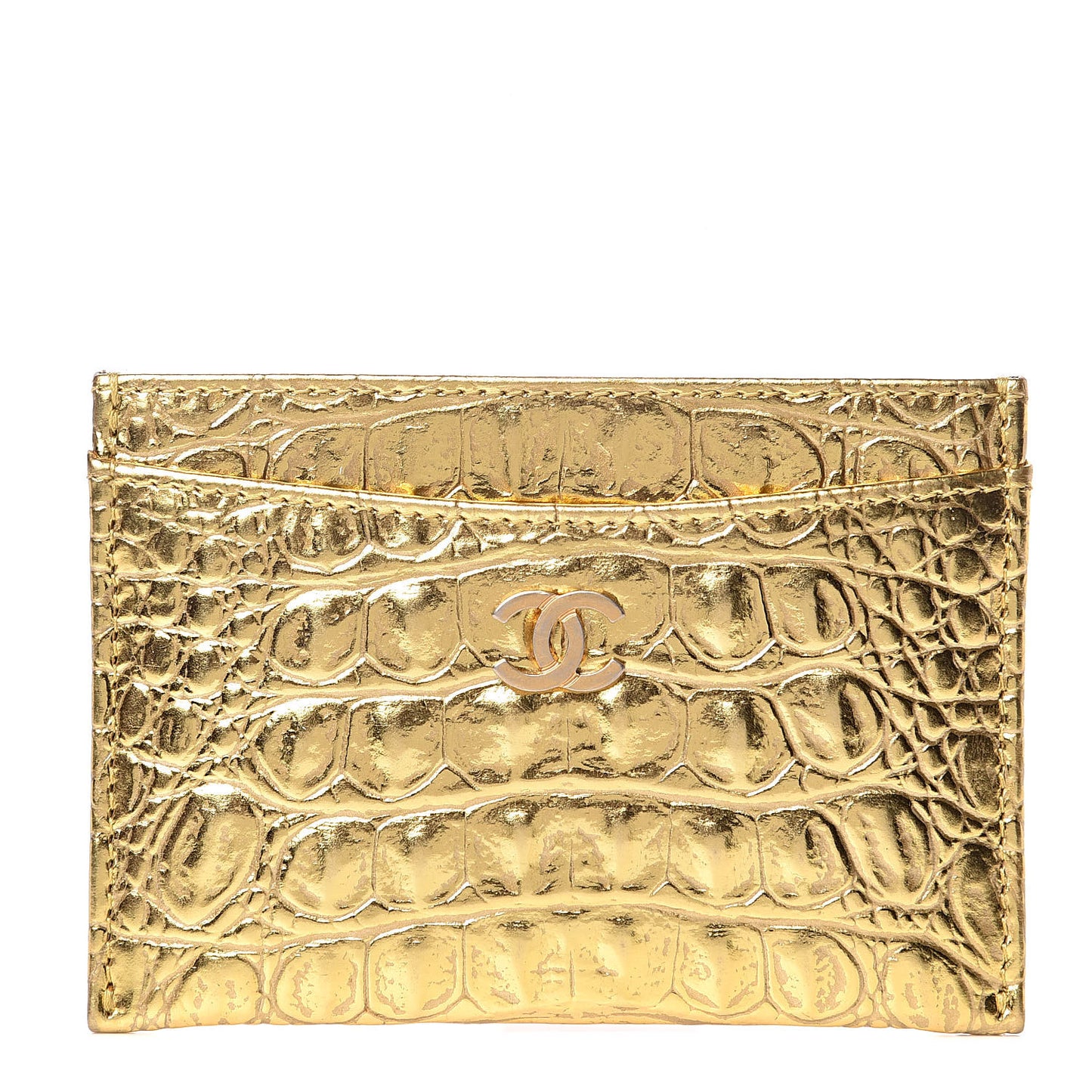 Metallic Calfskin Crocodile Embossed Cocodile Card Holder Gold