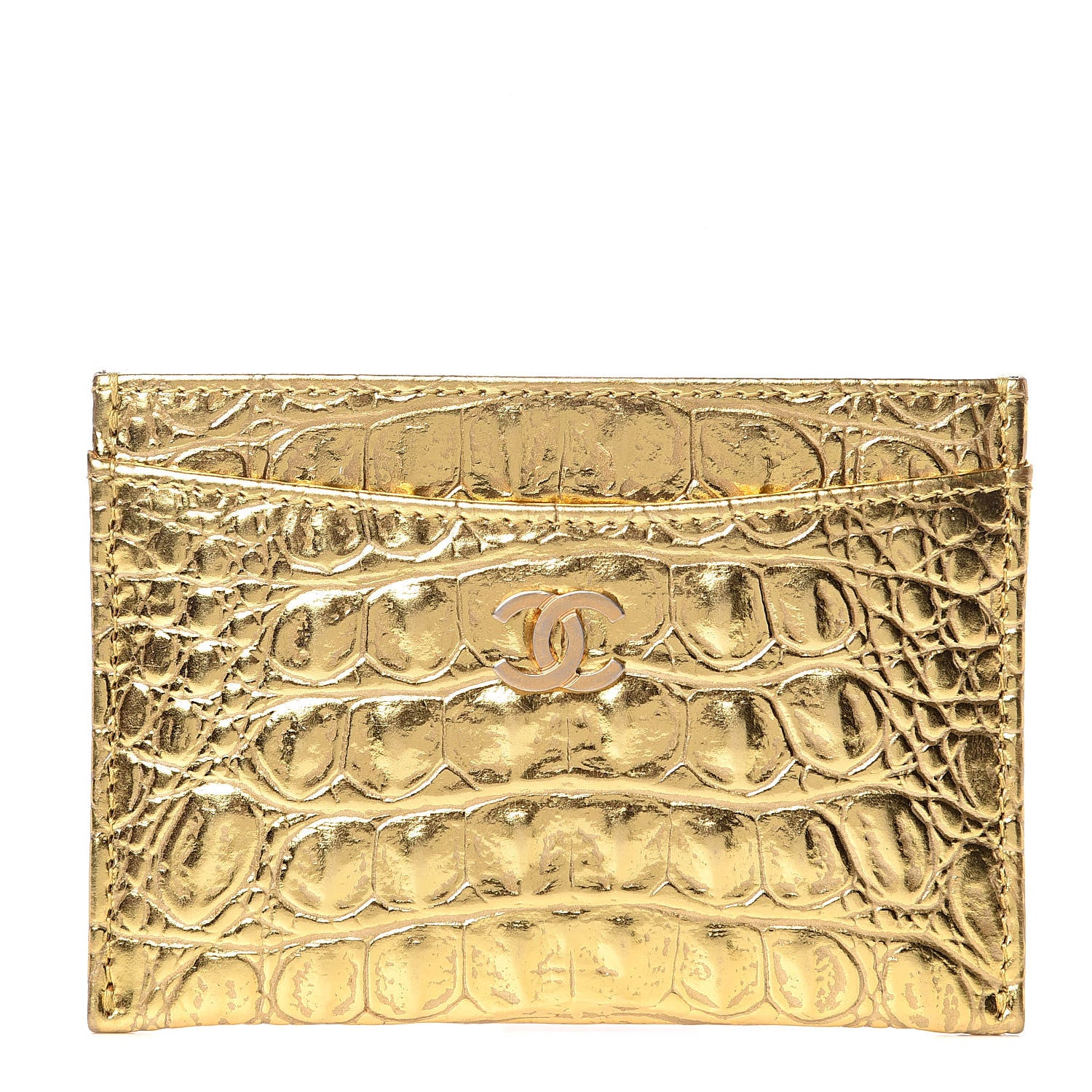 Chanel Metallic Calfskin Crocodile Embossed Cocodile Card Holder Gold 1 of 9