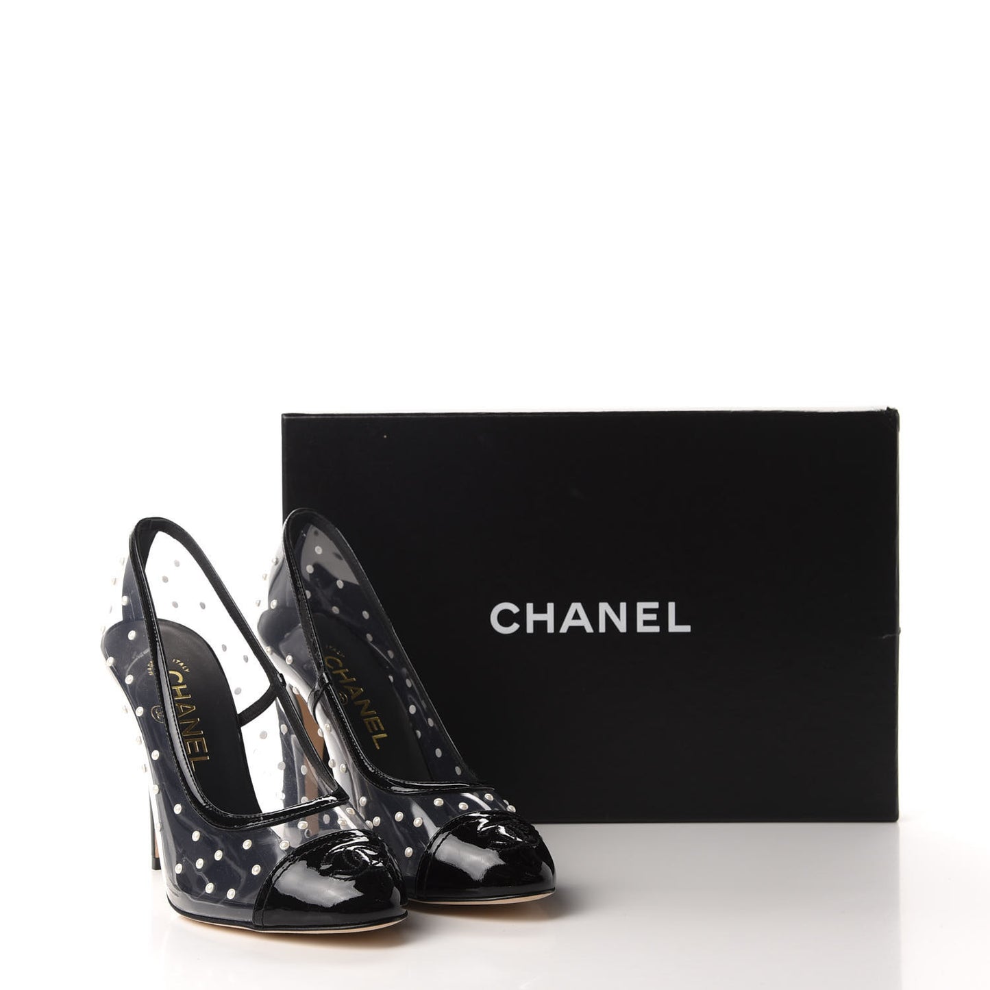 PVC Patent Calfskin Pearl Cap Toe Pumps 37 Transparent Black