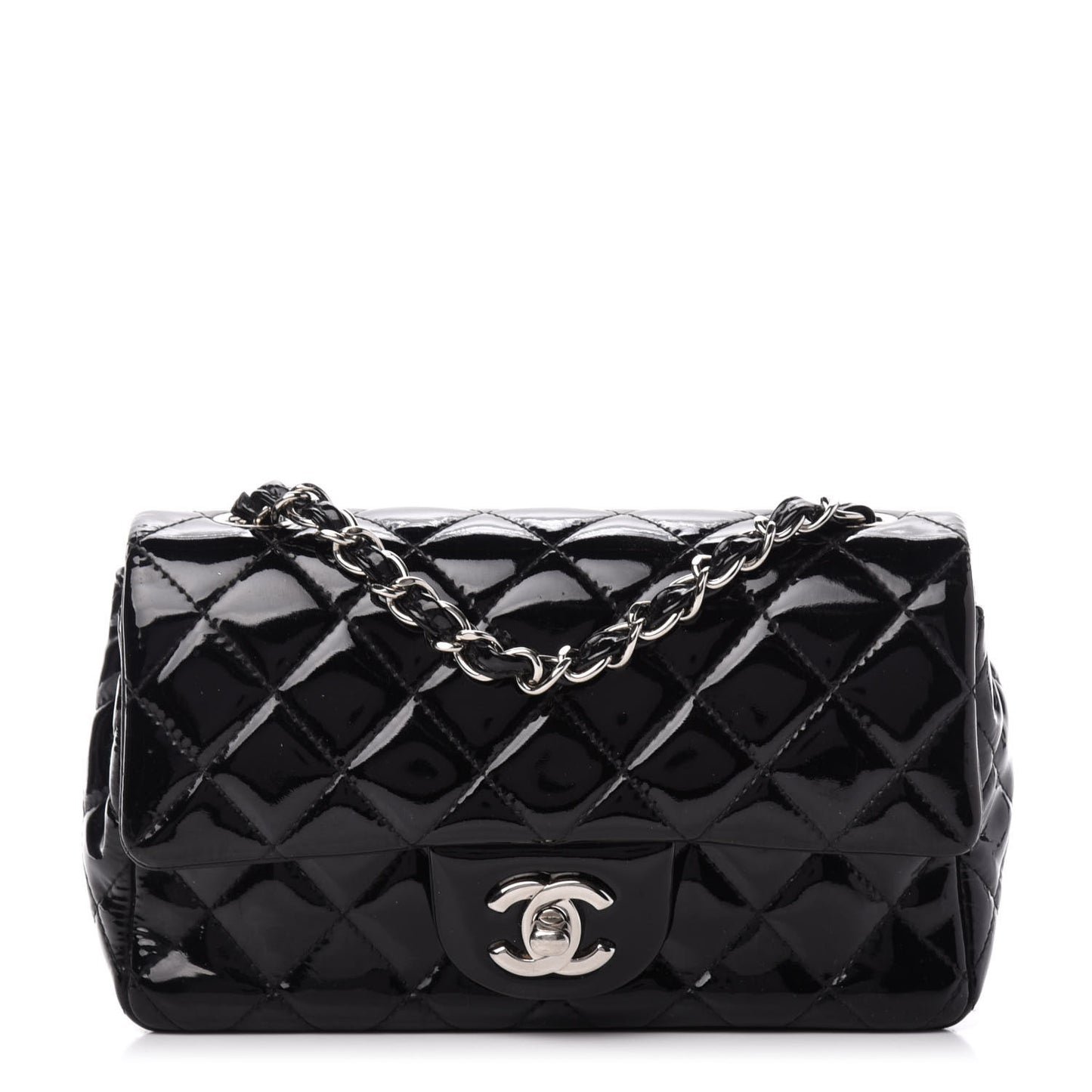Patent Calfskin Quilted Mini Rectangular Flap Black