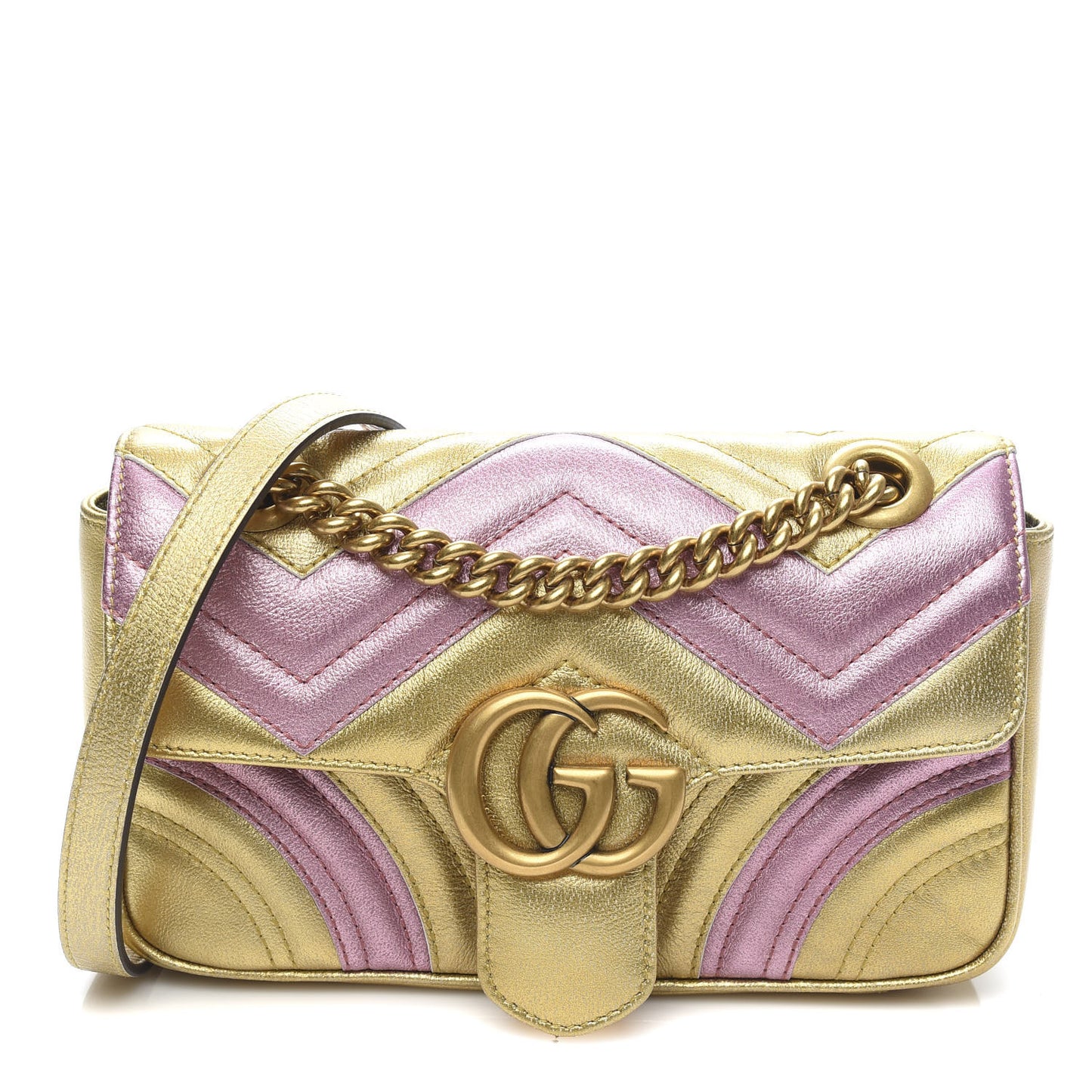 Metallic Calfskin Matelasse Mini GG Marmont Shoulder Bag Gold Pink