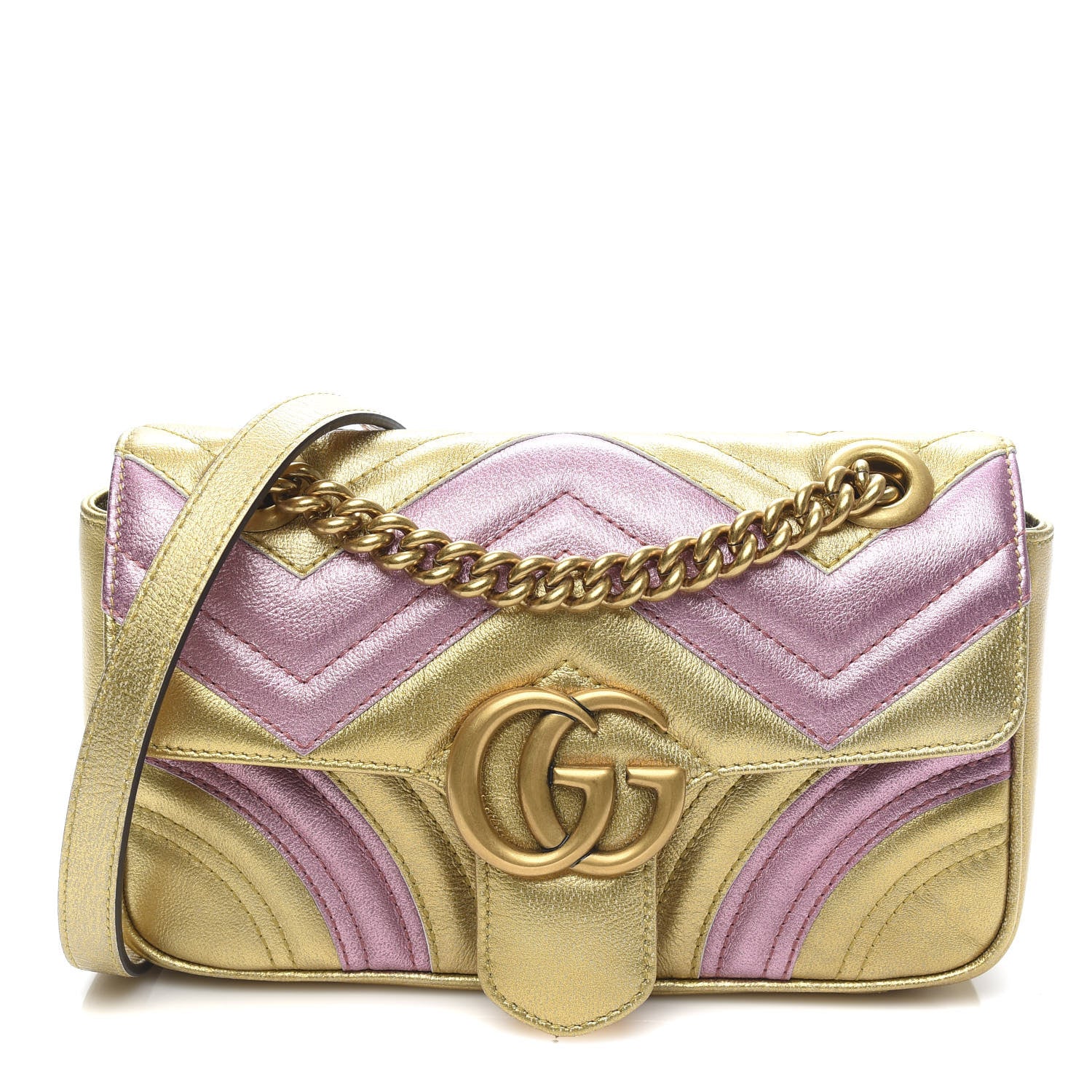 Gucci Metallic Calfskin Matelasse Mini GG Marmont Shoulder Bag Gold Pink 1 of 11