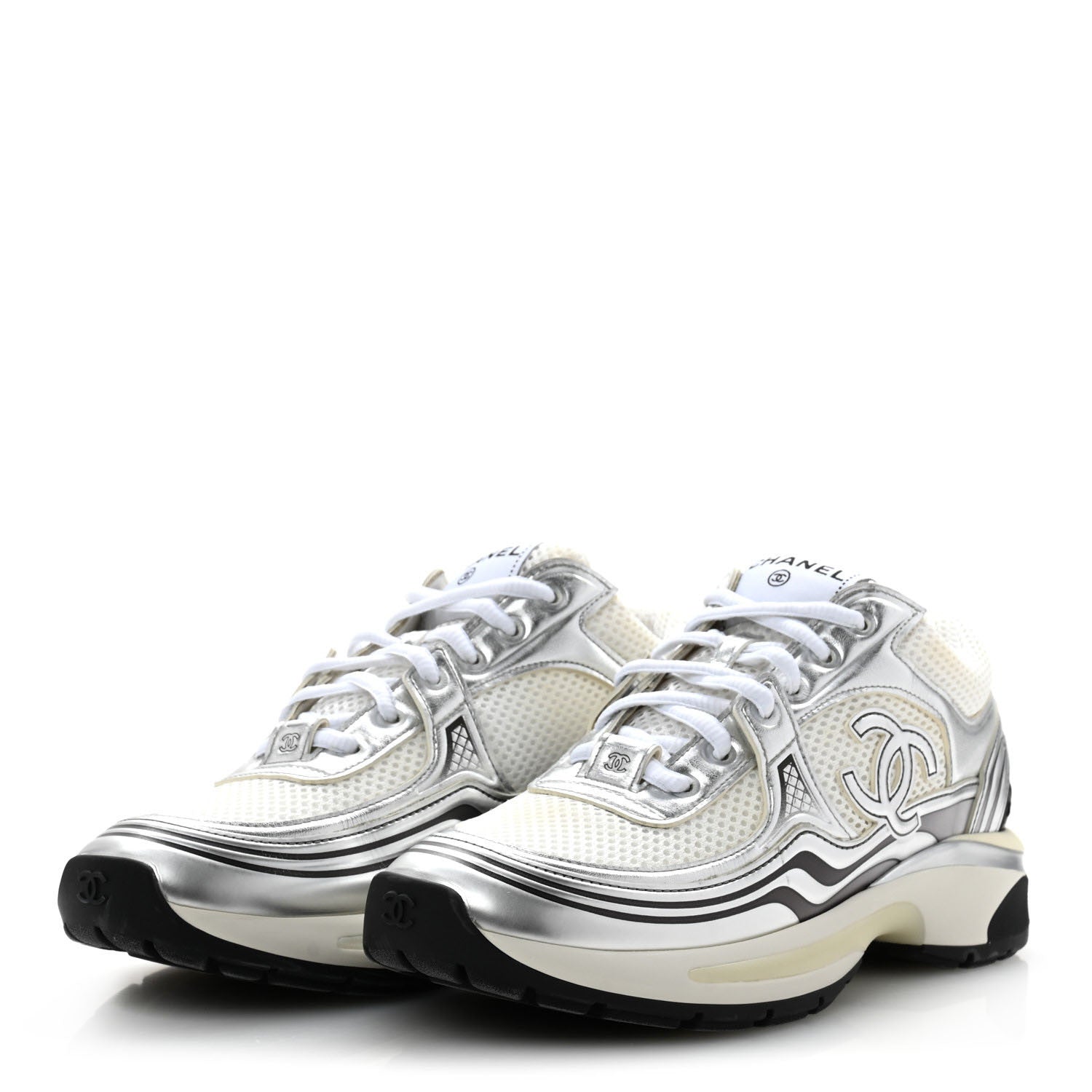 Chanel Fabric Laminated Calfskin Stretch CC Sneakers 38 White Silver 4 of 10
