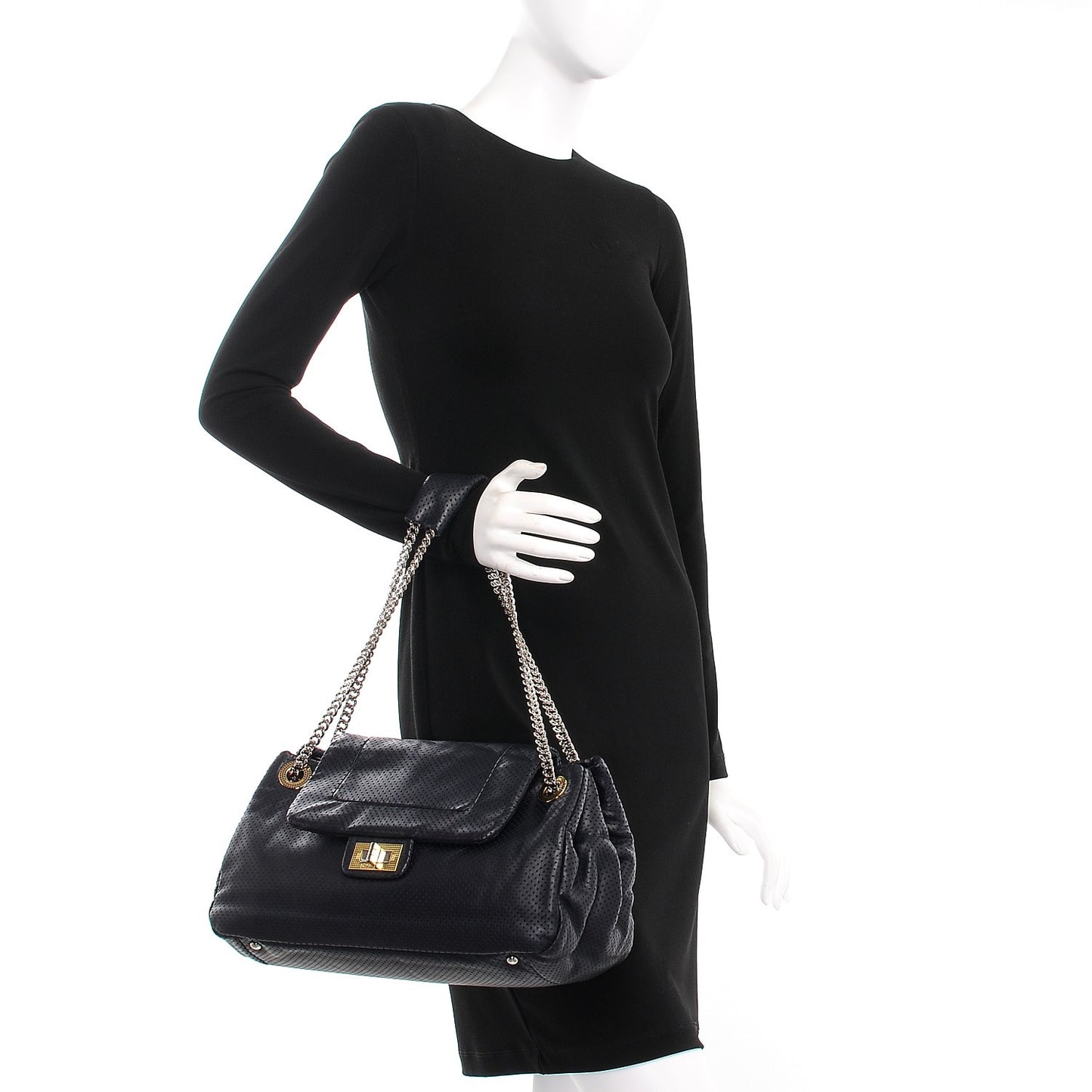 Calfskin Perforated Large Drill Accordion Flap Navy Blue