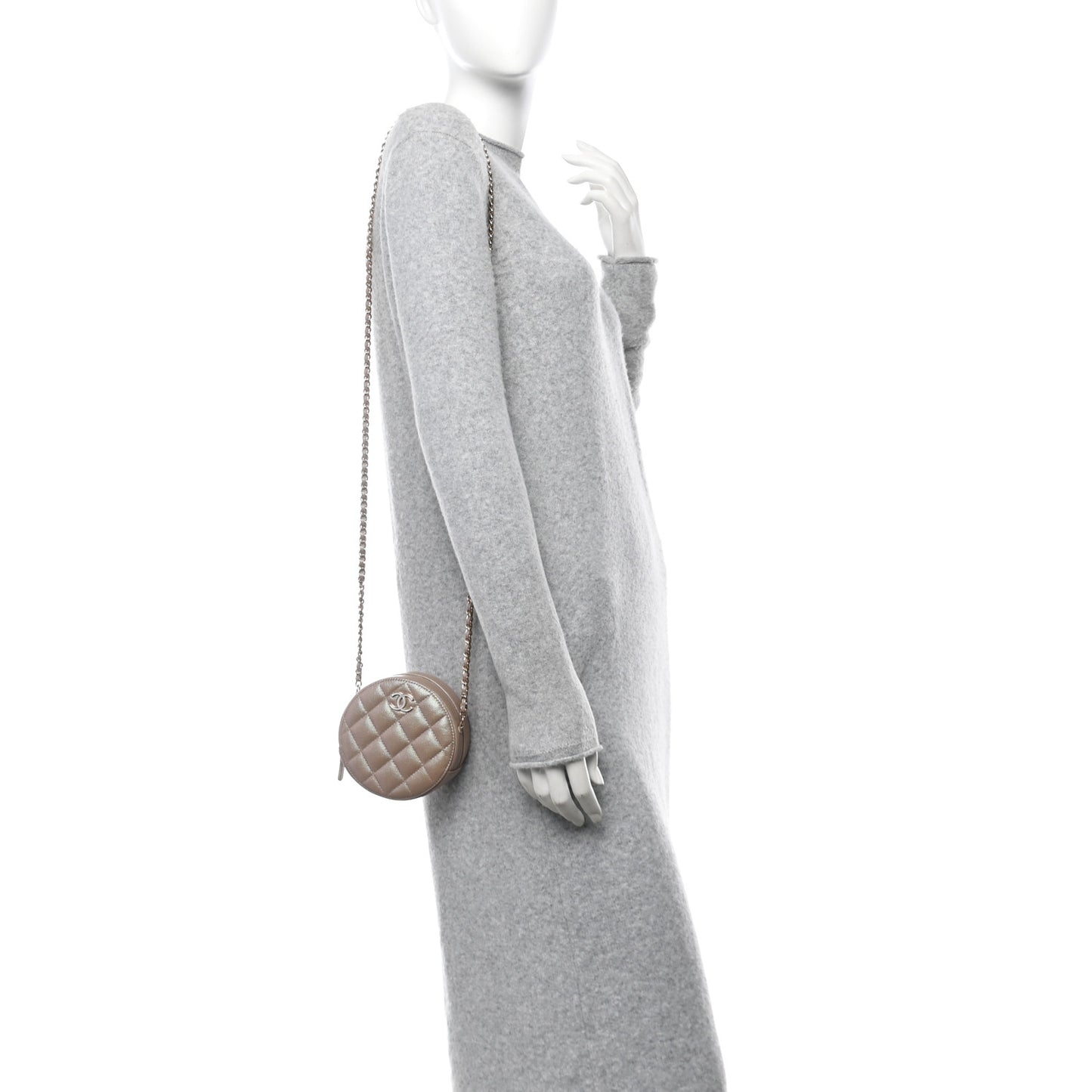 Iridescent Caviar Resin Quilted Round Clutch With Chain Beige