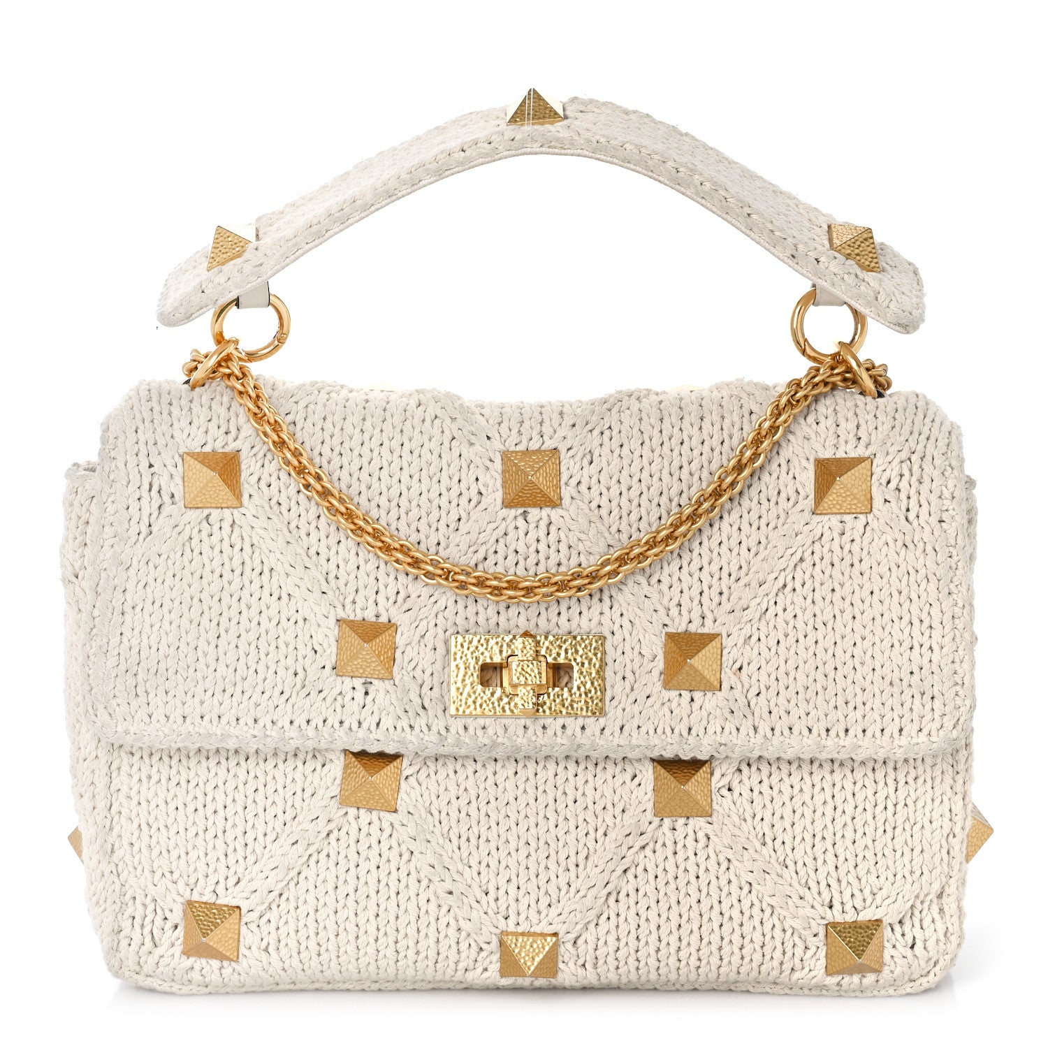 Valentino Garavani Knit Large Roman Stud Shoulder Bag Ecru 1 of 12