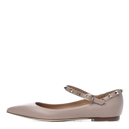 Valentino Garavani Pebbled Calfskin Rockstud Ankle Strap Ballerina Flats 38.5 Poudre 1 of 11