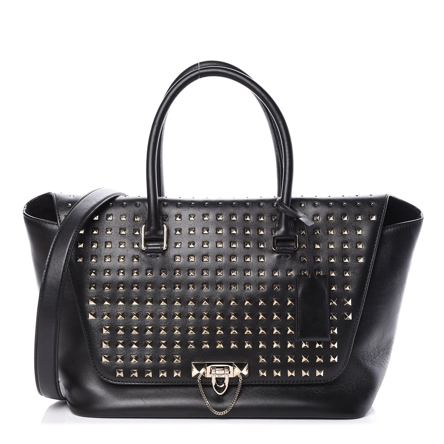 Calfskin Medium Rockstud All Over Demilune Double Handle Satchel Black