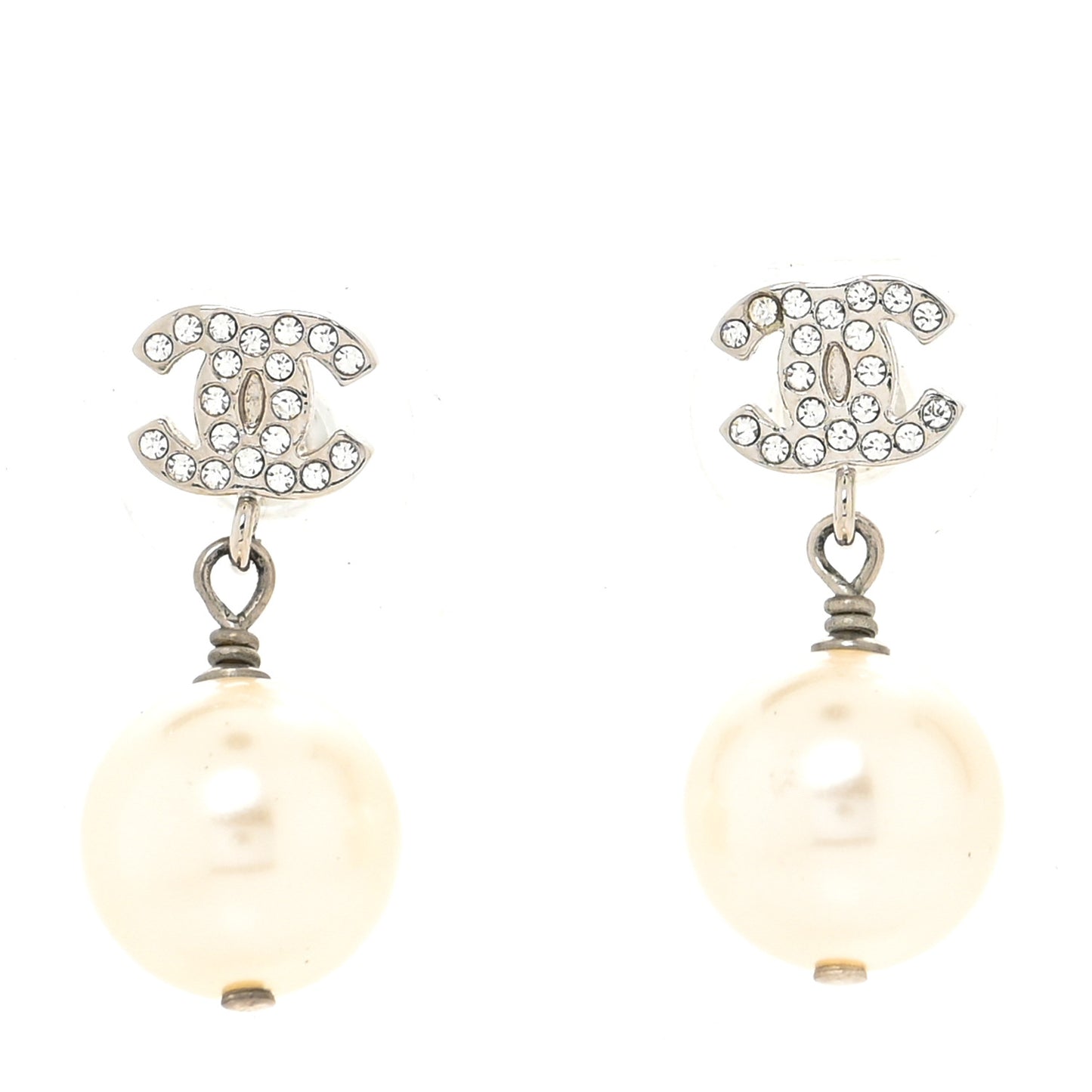 Crystal Pearl CC Drop Earrings Silver Pearly White