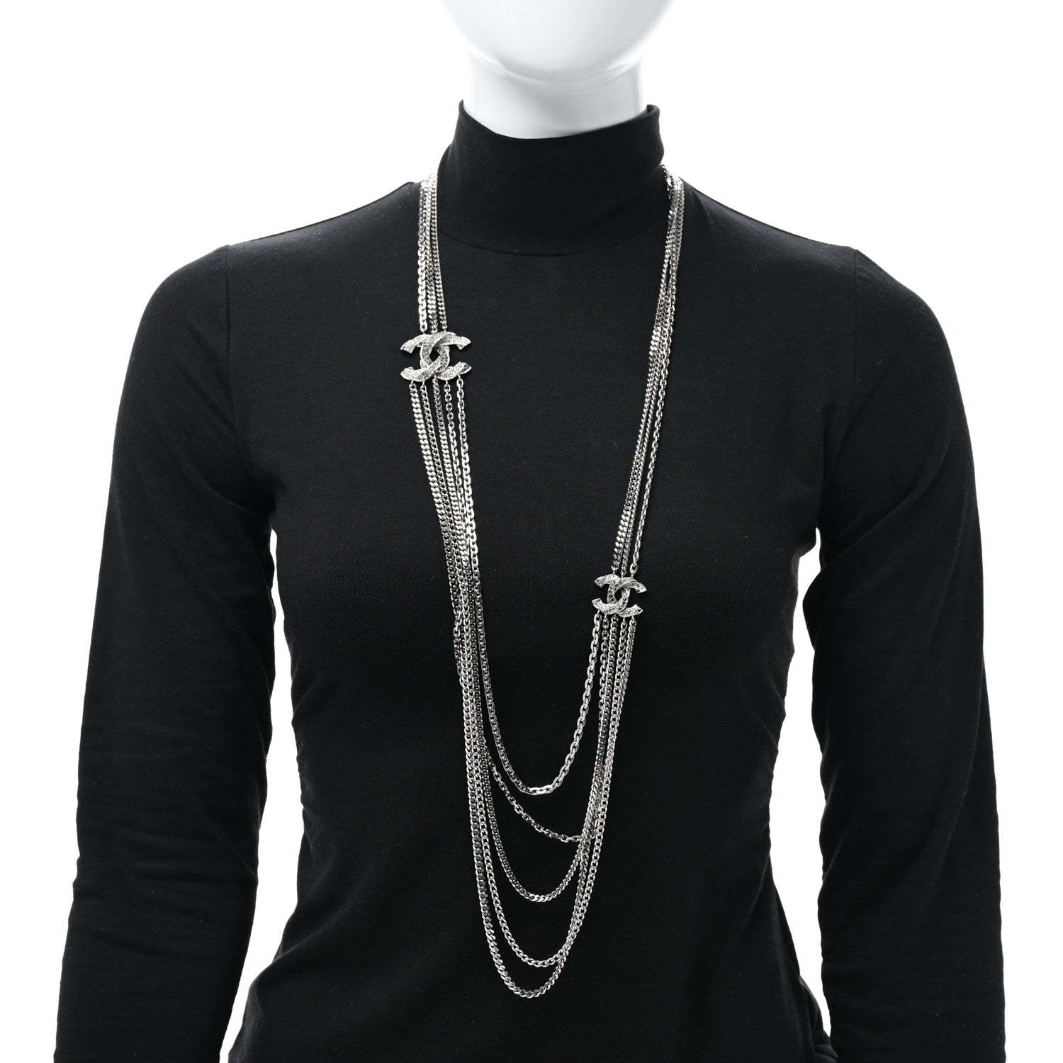 Chanel Crystal CC Multi Strand Chain Necklace Silver 3 of 5