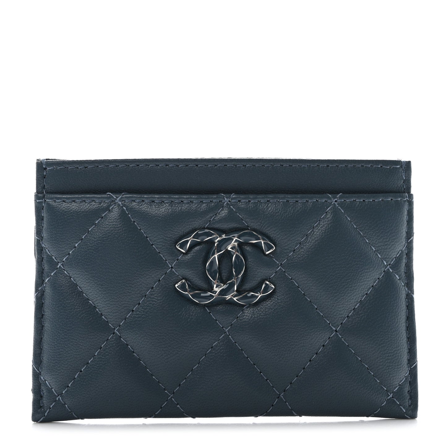Lambskin Enamel Quilted Card Holder Blue