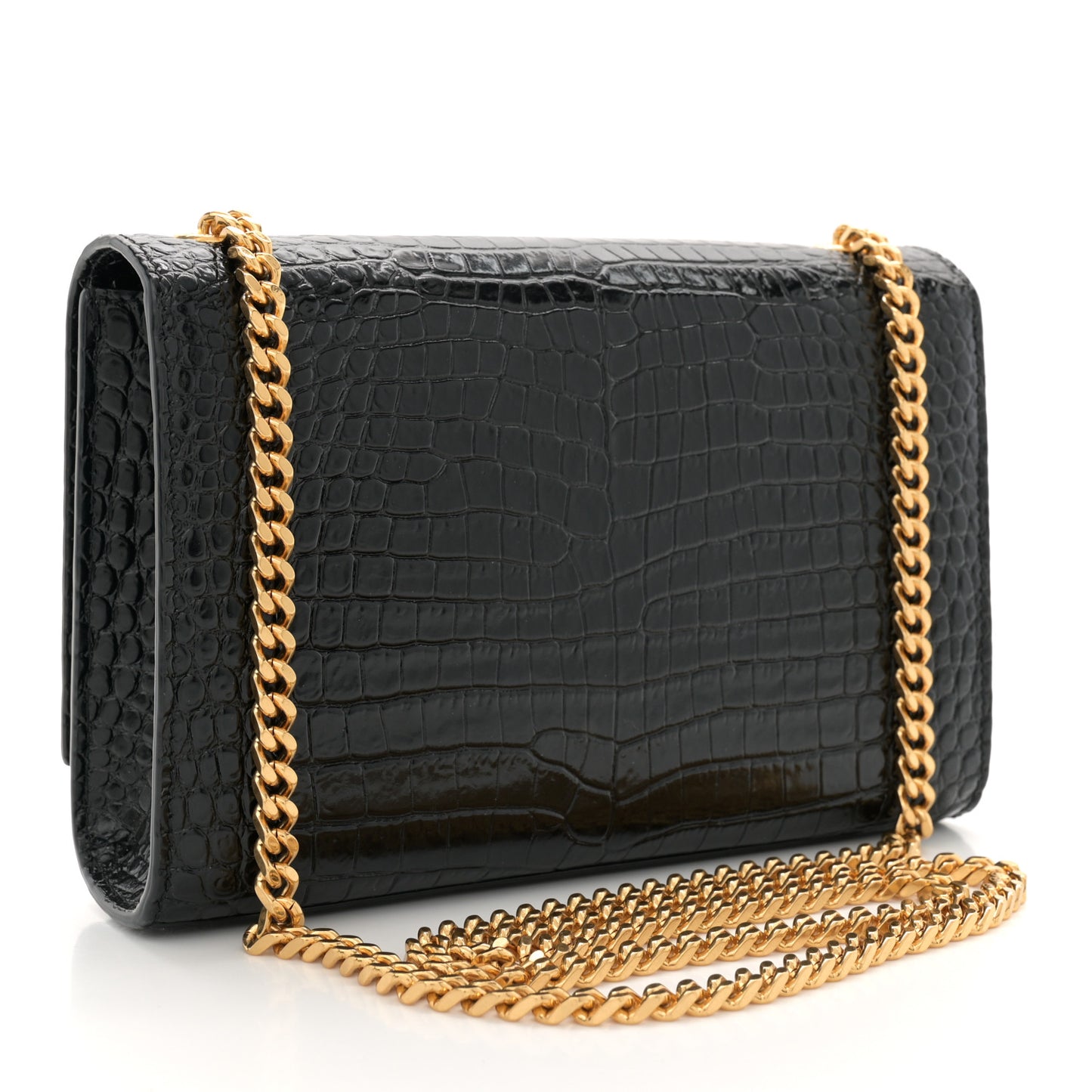 Calfskin Crocodile Embossed Small Classic Monogram Kate Tassel Satchel Black
