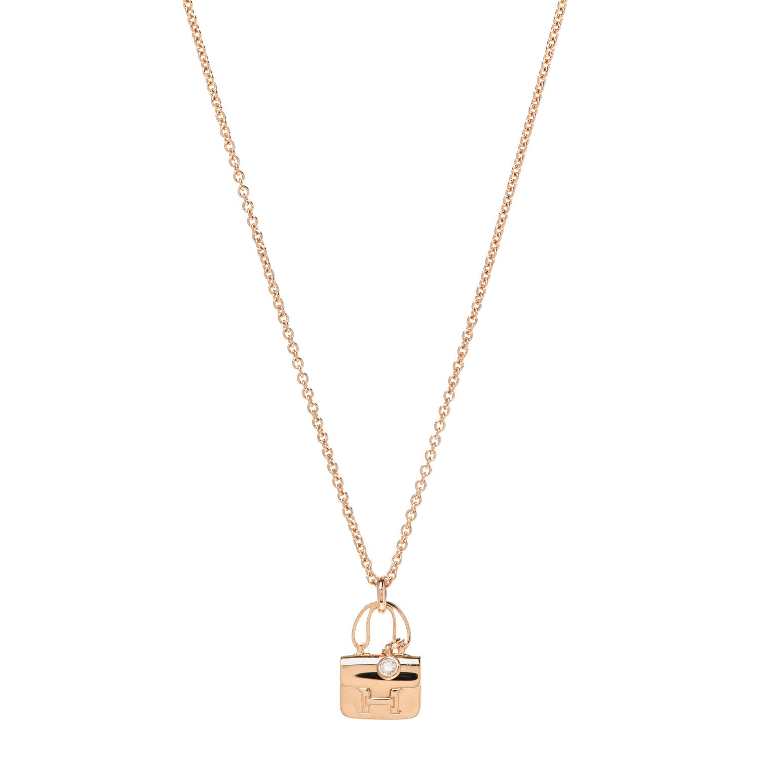 Hermes 18K Rose Gold Diamond Constance Amulettes Charm Pendant Necklace 1 of 6