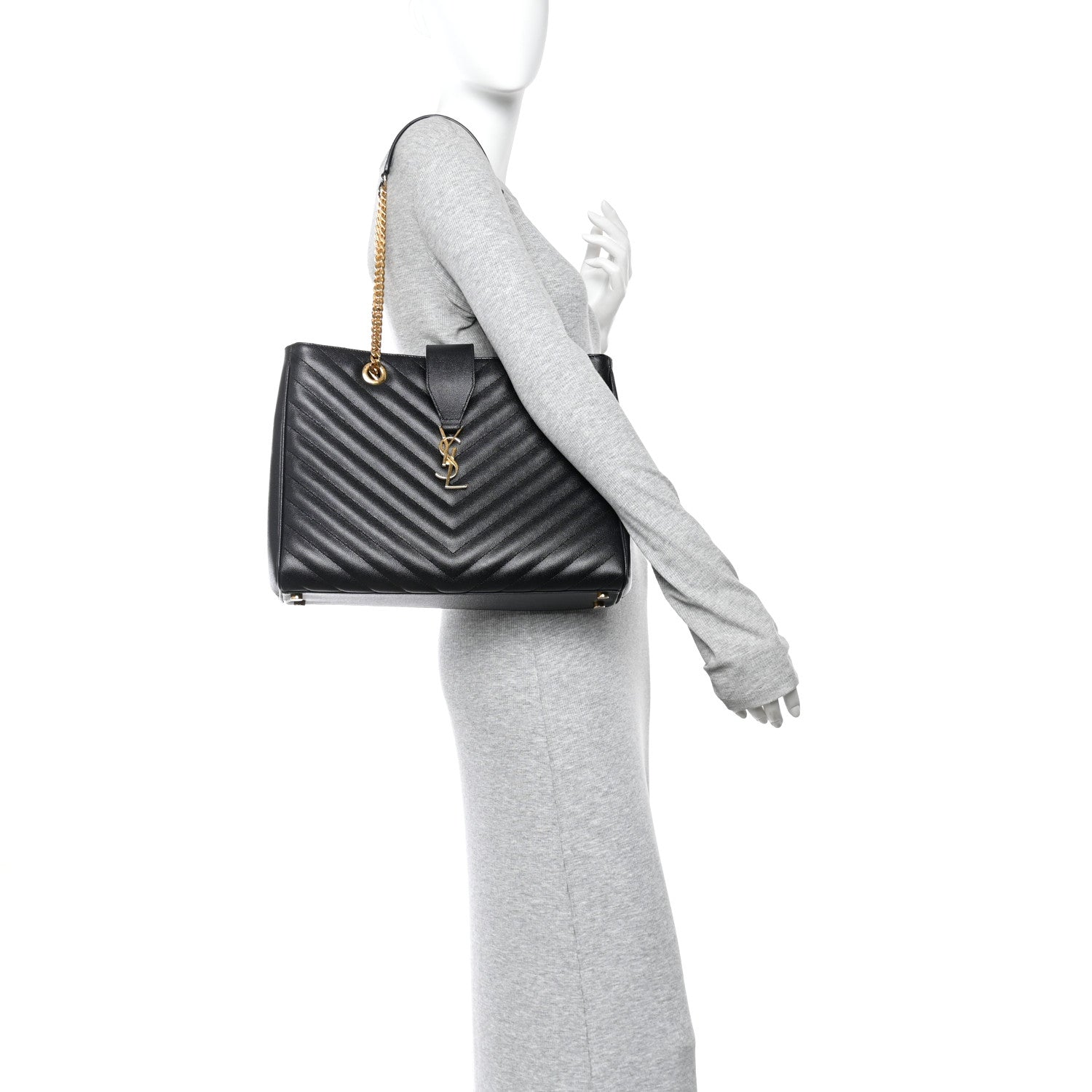 Saint Laurent Grain De Poudre Matelasse Chevron Monogram Shopping Bag Black 2 of 10