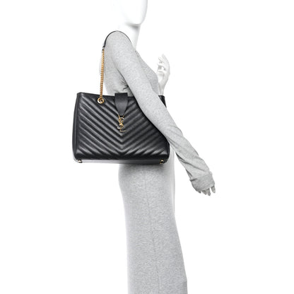 Saint Laurent Grain De Poudre Matelasse Chevron Monogram Shopping Bag Black 2 of 10