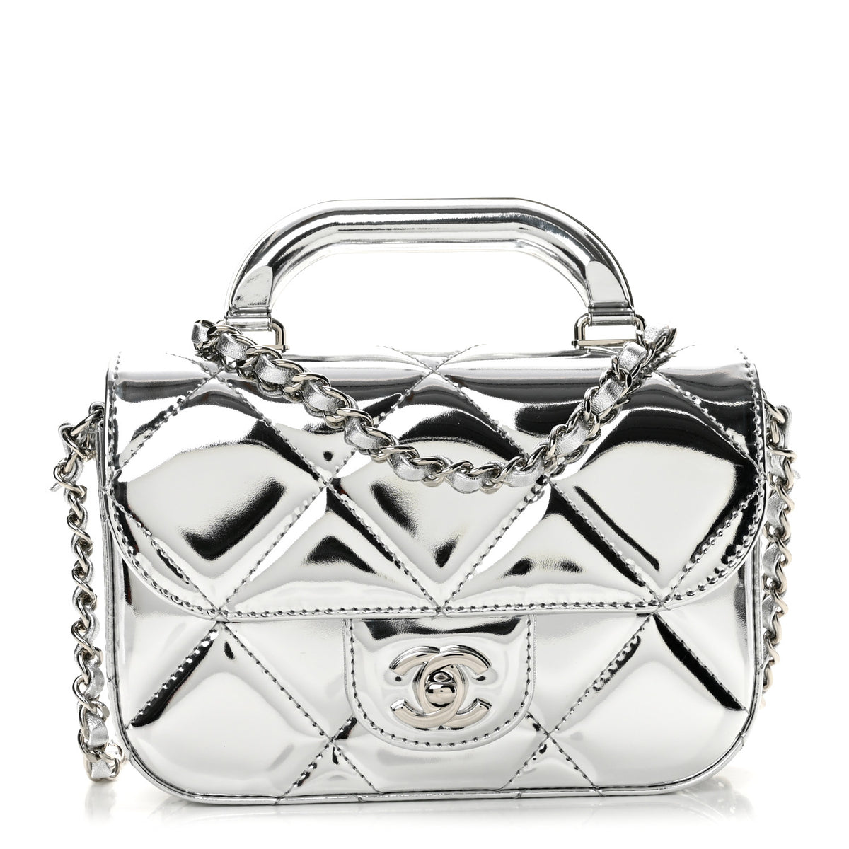 Mirror Calfskin Small Top Handle Clutch With Chain Silver
