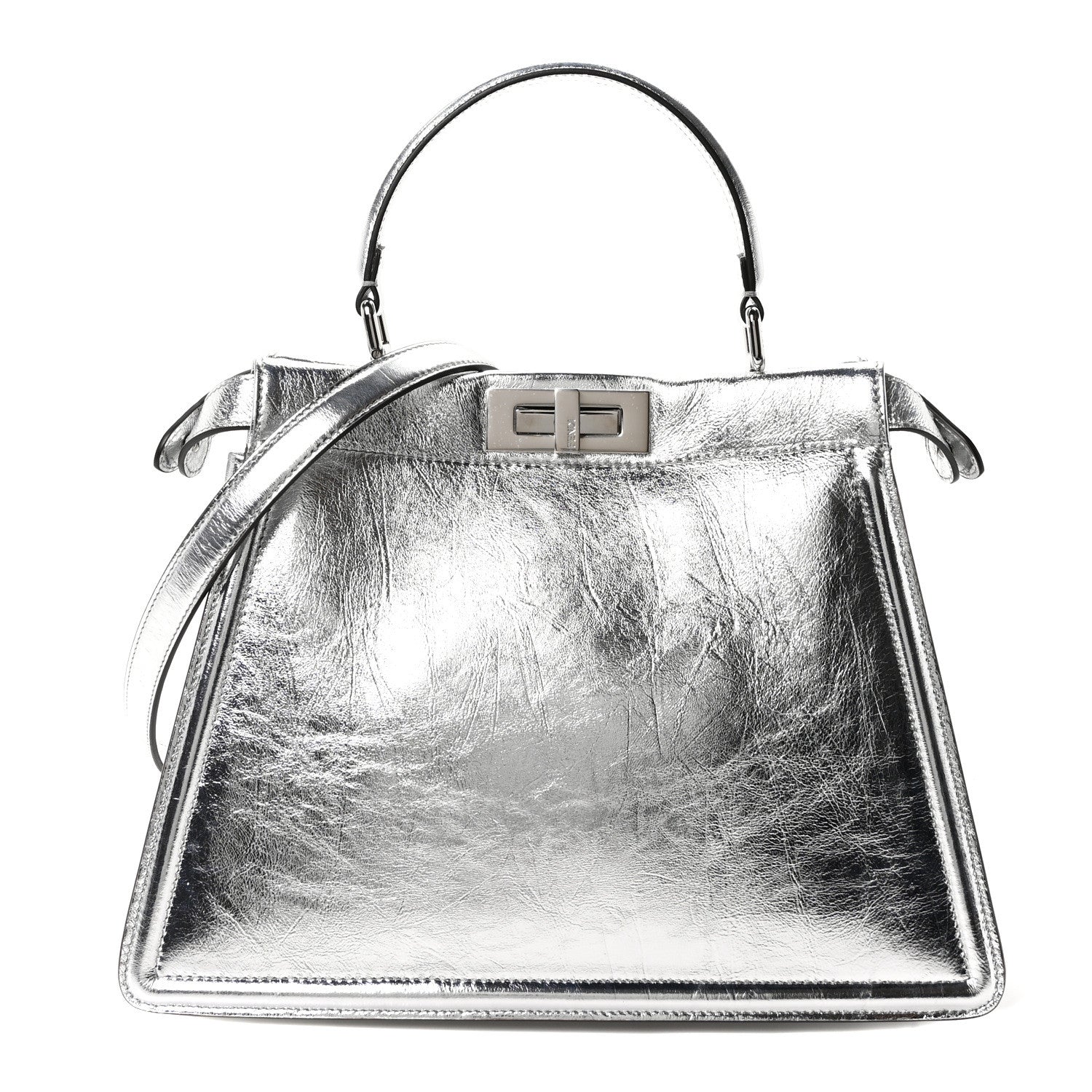 Fendi Rock Millenium Laminata Medium Peekaboo I SEE U Satchel Argento 1 of 9