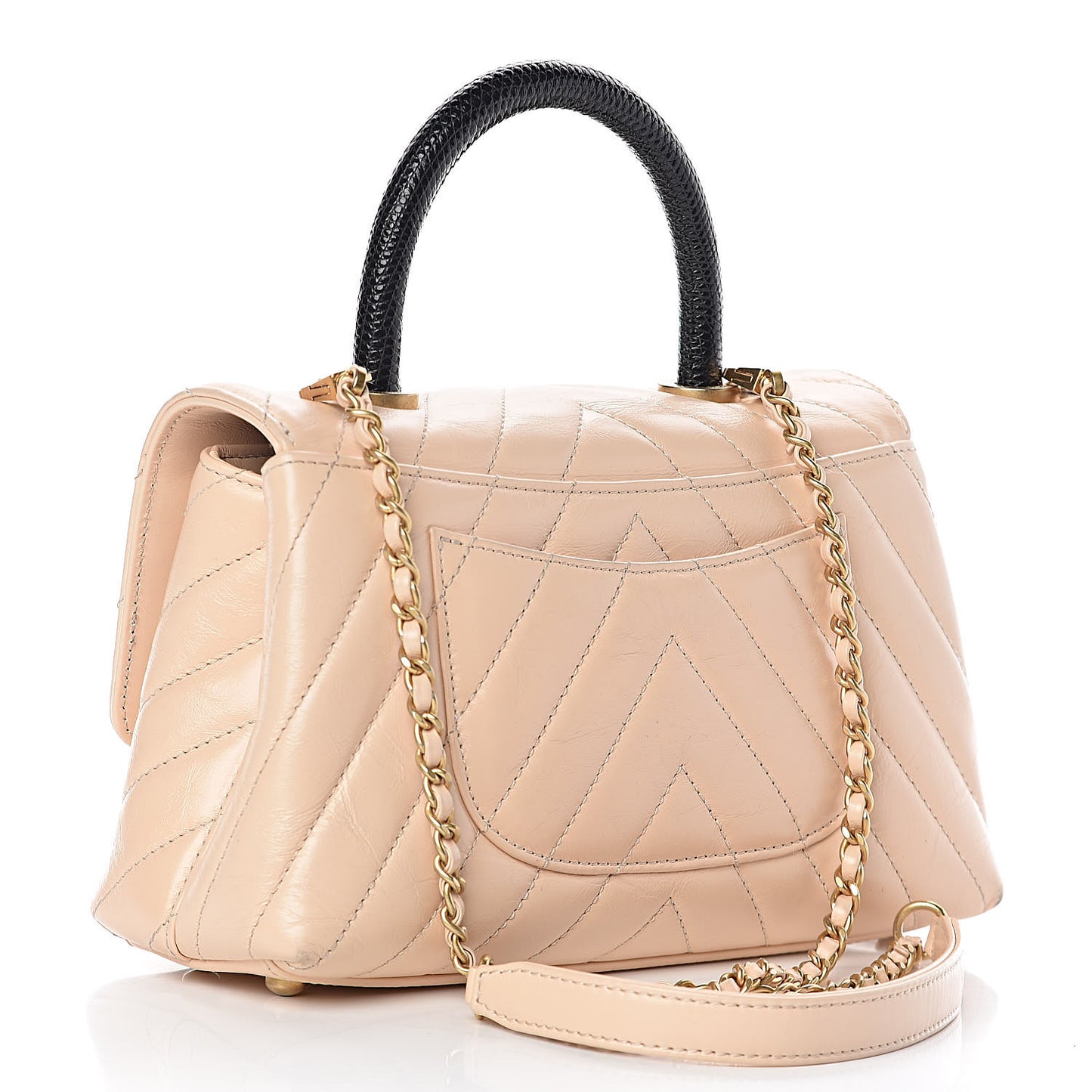 Calfskin Lizard Chevron Quilted Mini Coco Handle Flap Beige