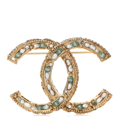 Chanel Crystal Pearl CC Brooch Light Gold Blue 1 of 6