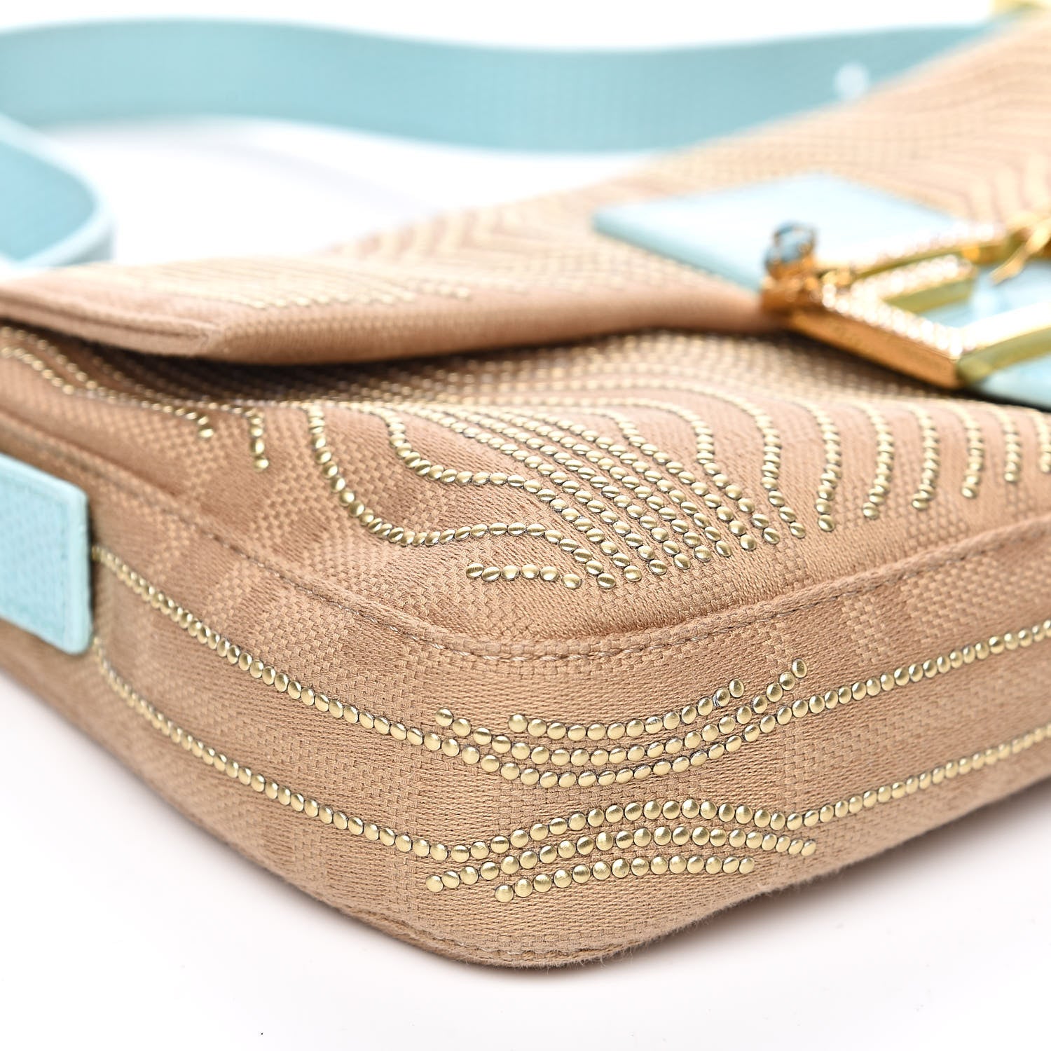 Fendi Fabric Calfskin Crystal Lizard Embossed Studded Baguette Tortora Celeste 7 of 12