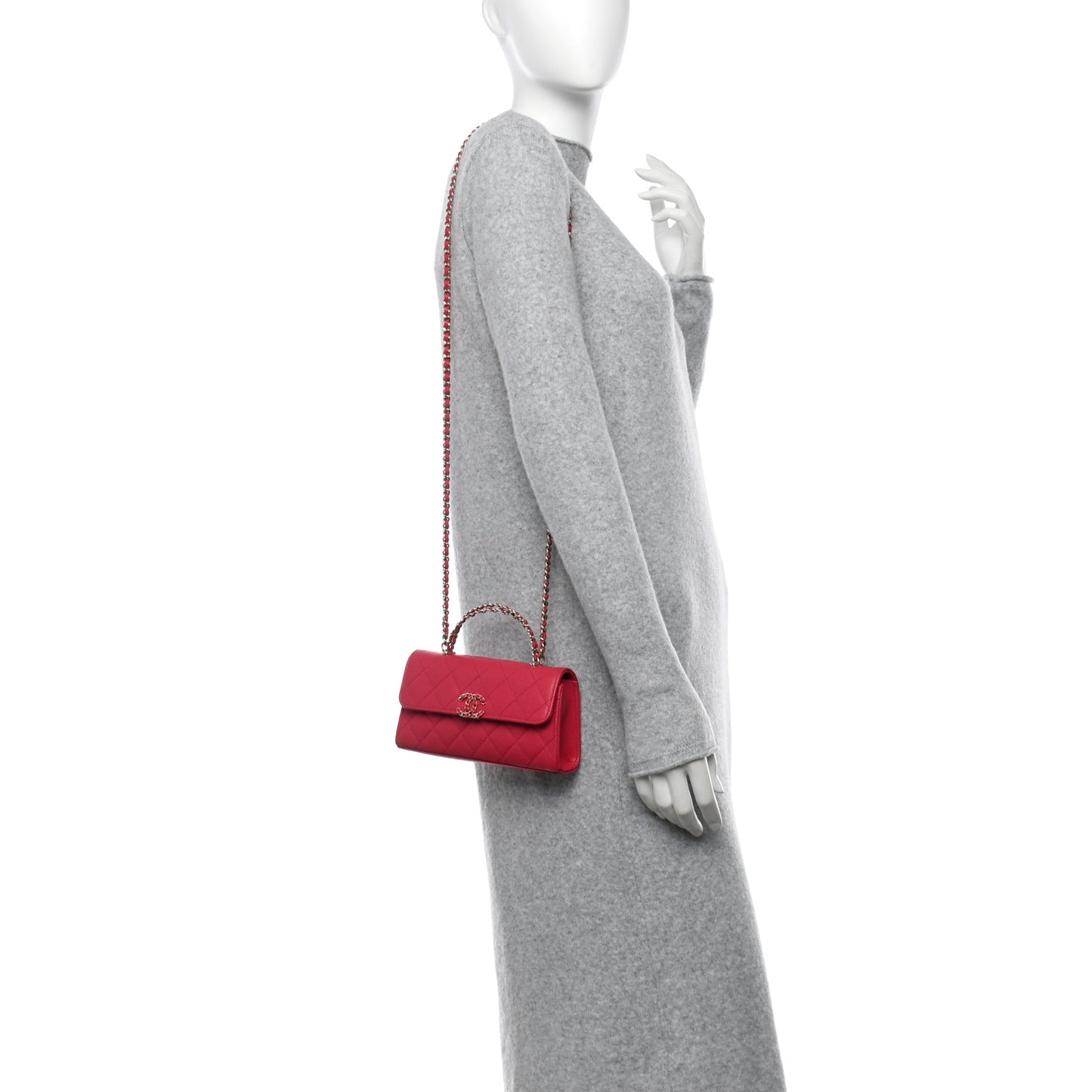 Caviar Quilted Chain Top Handle Phone Holder With Chain Dark Pink