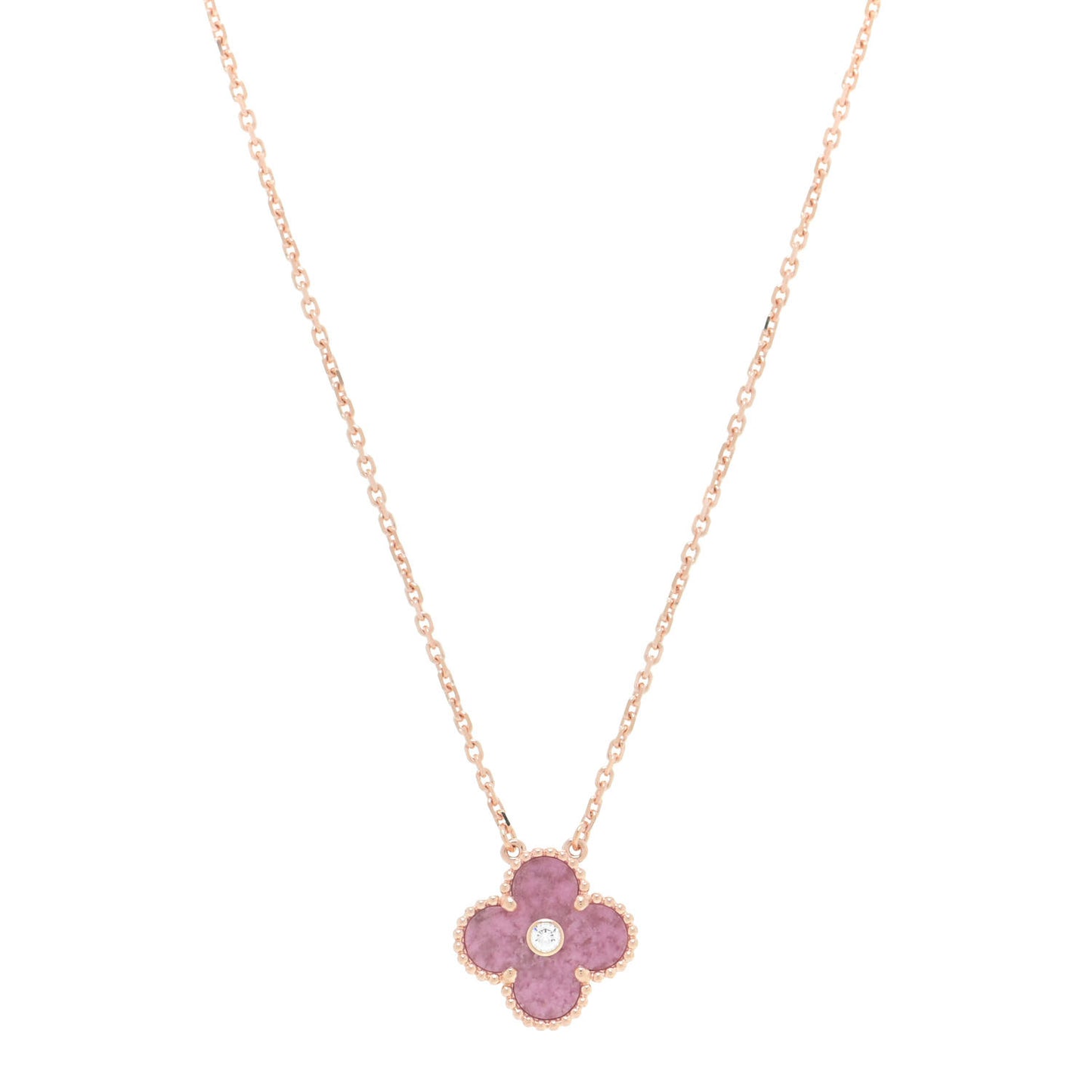 18K Rose Gold Diamond Rhodonite Vintage Alhambra Pendant Necklace