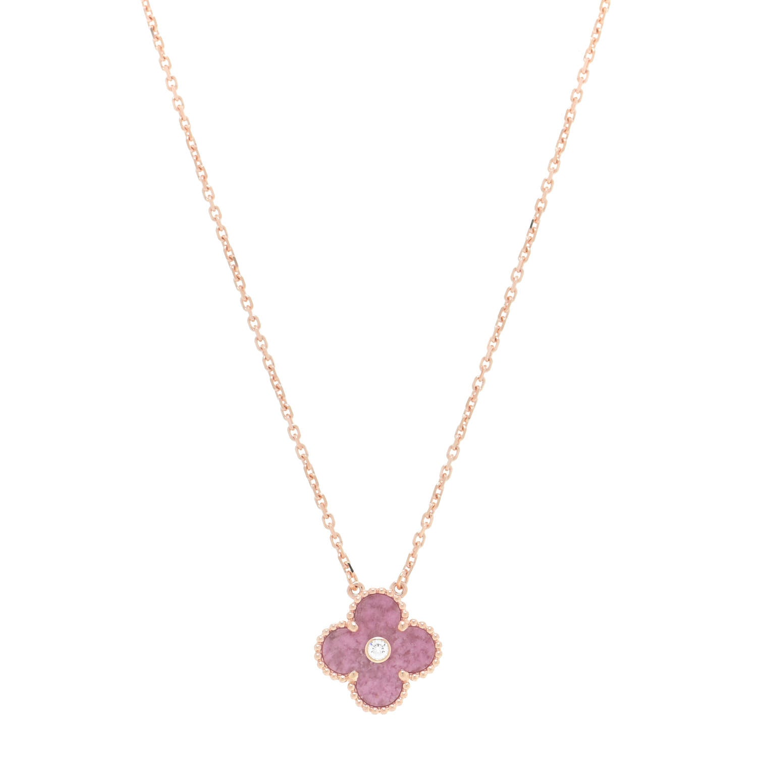 Van Cleef & Arpels 18K Rose Gold Diamond Rhodonite Vintage Alhambra Pendant Necklace 1 of 7