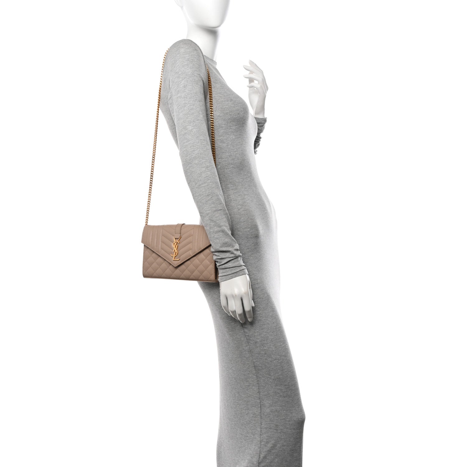 Saint Laurent Grain De Poudre Mixed Matelasse Triquilt Monogram Chain Wallet Dark Beige 2 of 11