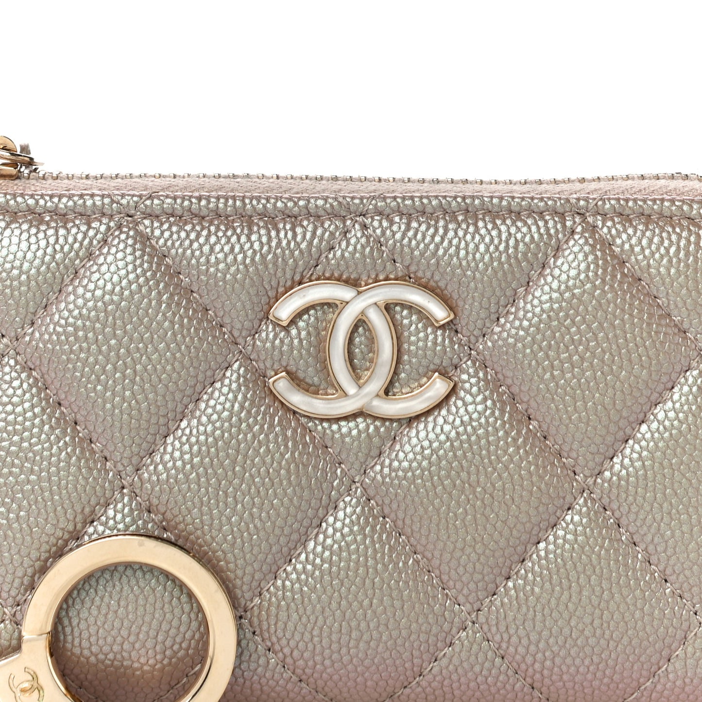 Iridescent Caviar Quilted Zipped Key Holder Case Beige
