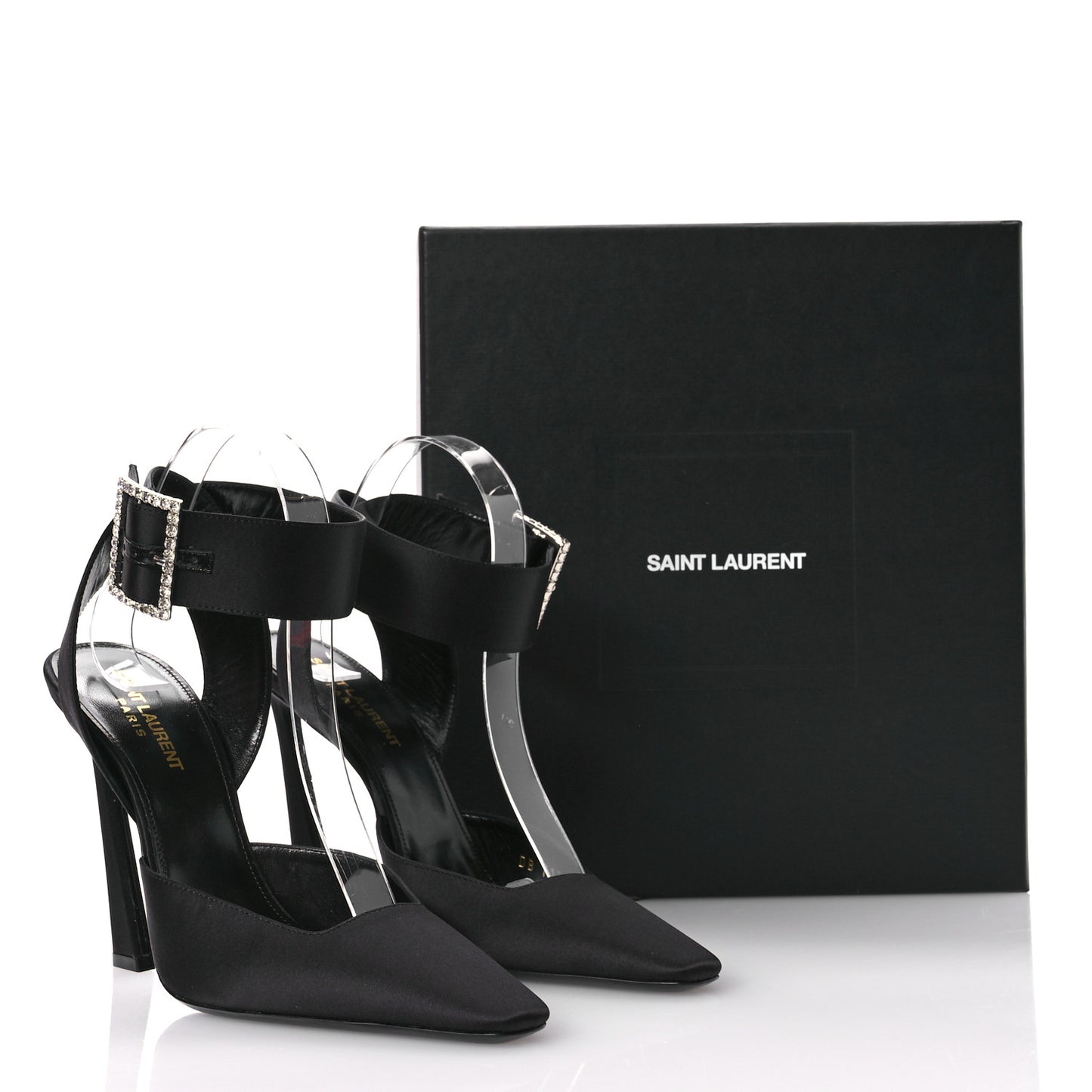 Crepe Satin Crystal Buckle Claude 110 Slingback Pumps 38.5 Black