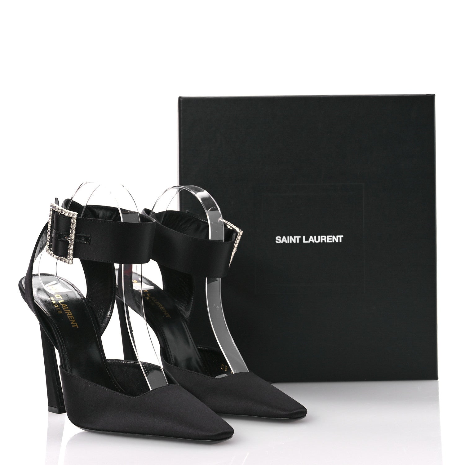Saint Laurent Crepe Satin Crystal Buckle Claude 110 Slingback Pumps 38.5 Black 9 of 10