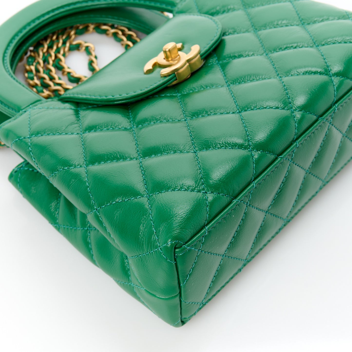 Shiny Aged Calfskin Quilted Nano Kelly Shopper Green