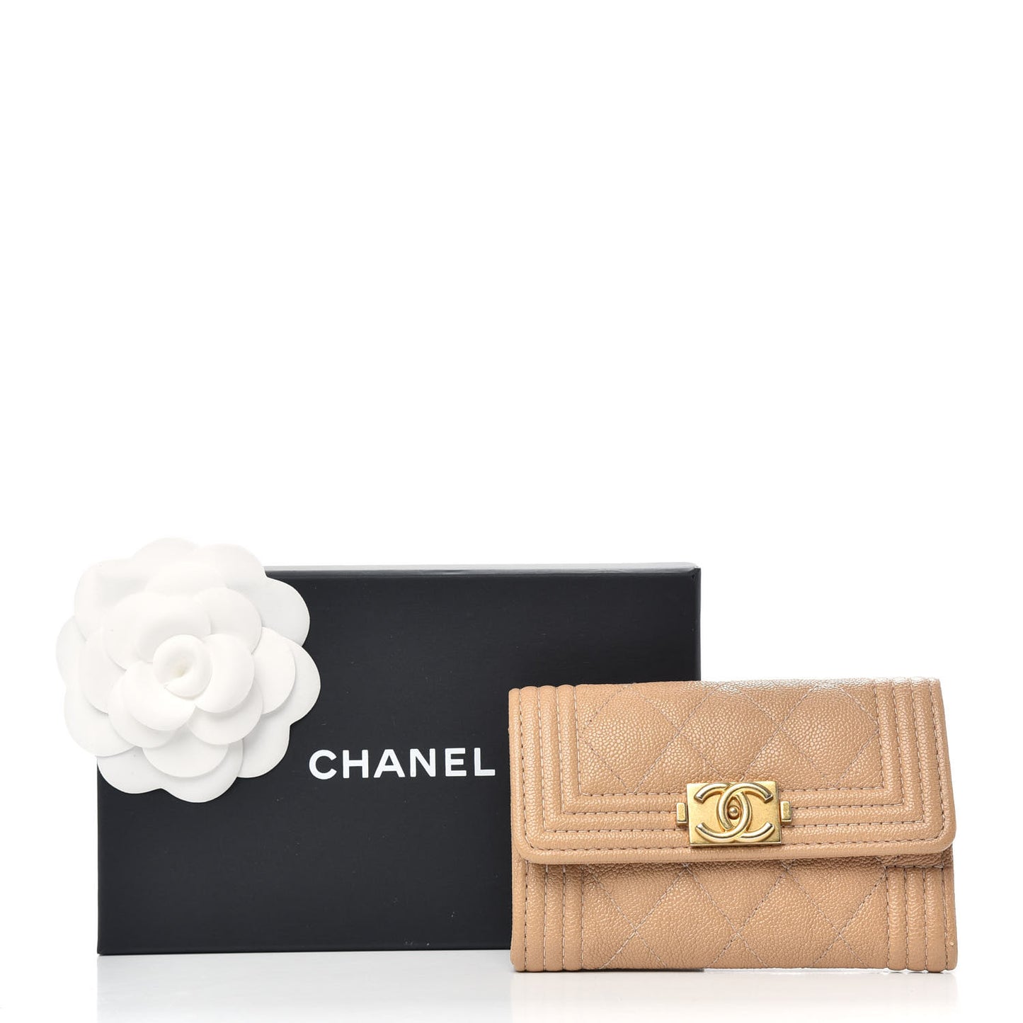 Caviar Quilted Boy Card Holder Wallet Beige