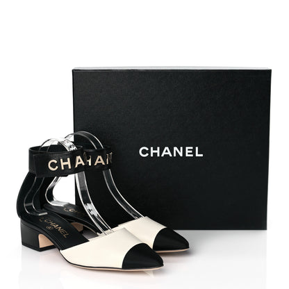 Chanel Lambskin Grosgrain Cap Toe Logo Ankle Strap Pumps 38 White Black 9 of 9