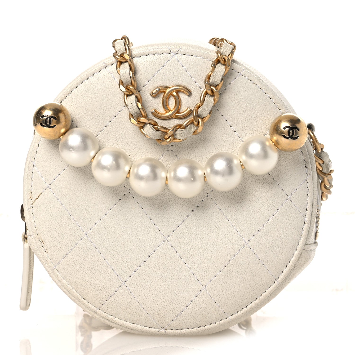 Chanel Lambskin Quilted Pearl Round Clutch With Chain White 1 of 11