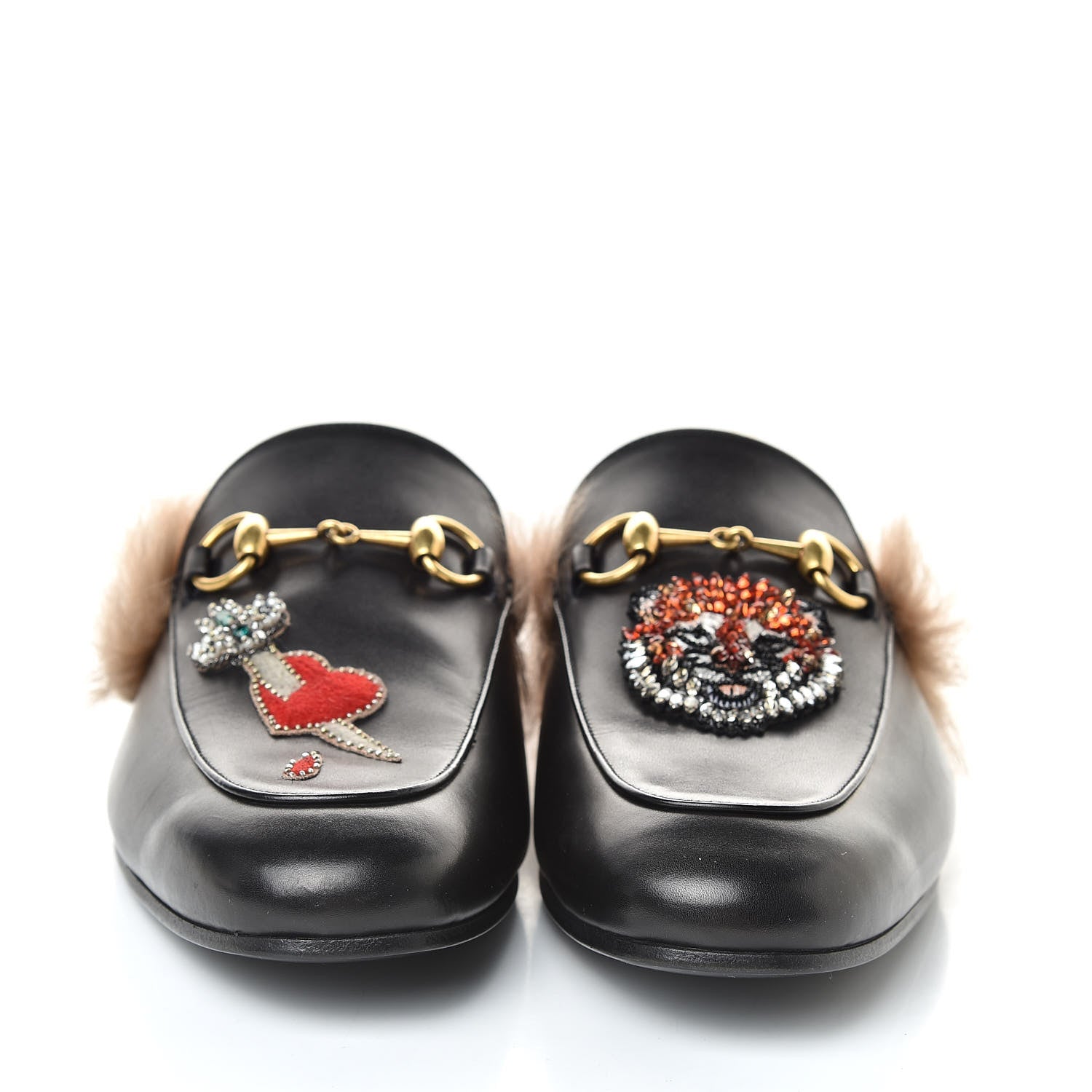 Gucci Calfskin Fur Crystal Tiger Embroidered Mens Princetown Slippers 7 Black 2 of 8