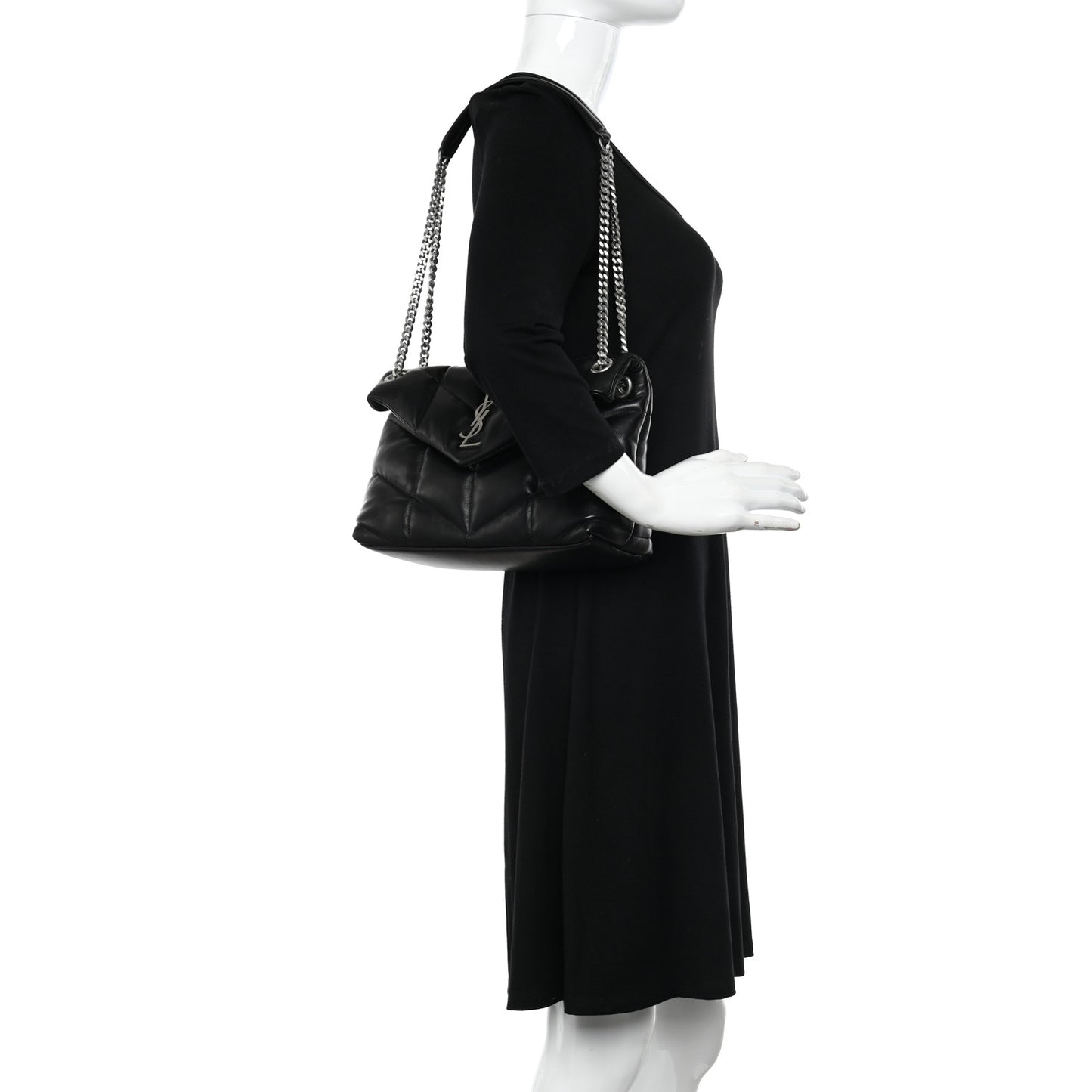 Lambskin Quilted Small Loulou Puffer Monogram Chain Satchel Black