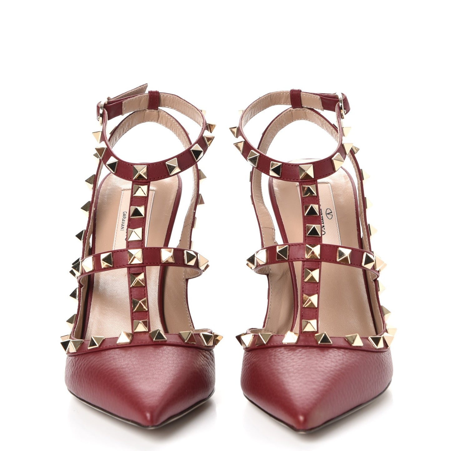 Pebbled Calfskin Rockstud Ankle Strap Pumps 37.5 Rubino