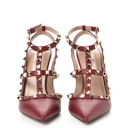 Valentino Garavani Pebbled Calfskin Rockstud Ankle Strap Pumps 37.5 Rubino 2 of 9