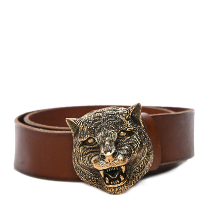 Gucci Calfskin Brass Feline Buckle Belt 80 32 Brown 1 of 11